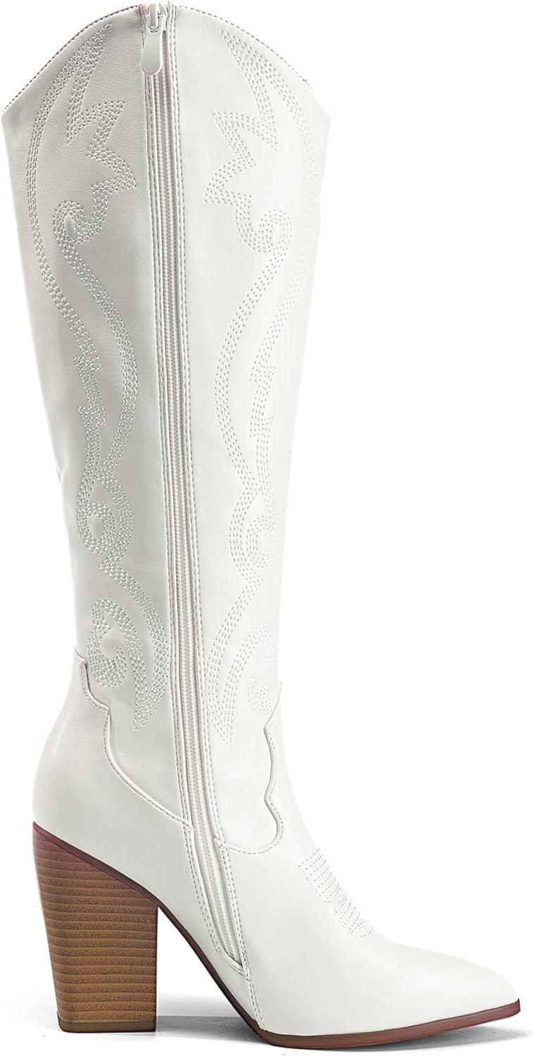 imageDREAM PAIRS Cowboy Boots For Women Comfortable Pull On Zipper Chunky Heel Pointed Toe Embroidered Western Cowgirl Knee High BootsWhite
