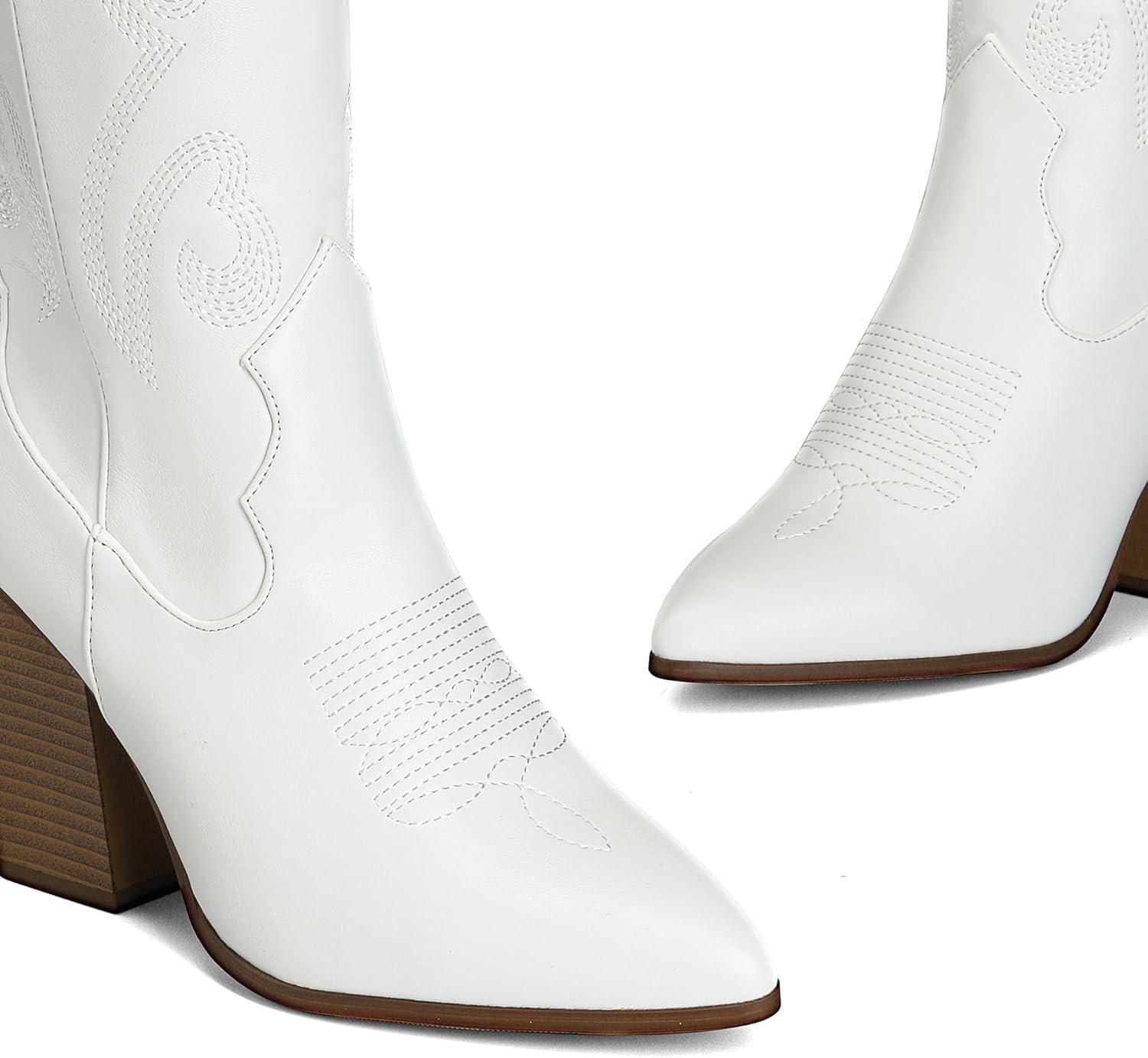 imageDREAM PAIRS Cowboy Boots For Women Comfortable Pull On Zipper Chunky Heel Pointed Toe Embroidered Western Cowgirl Knee High BootsWhite