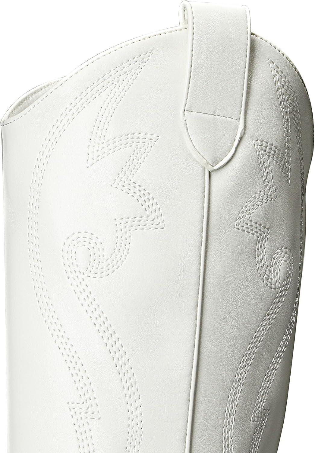 imageDREAM PAIRS Cowboy Boots For Women Comfortable Pull On Zipper Chunky Heel Pointed Toe Embroidered Western Cowgirl Knee High BootsWhite