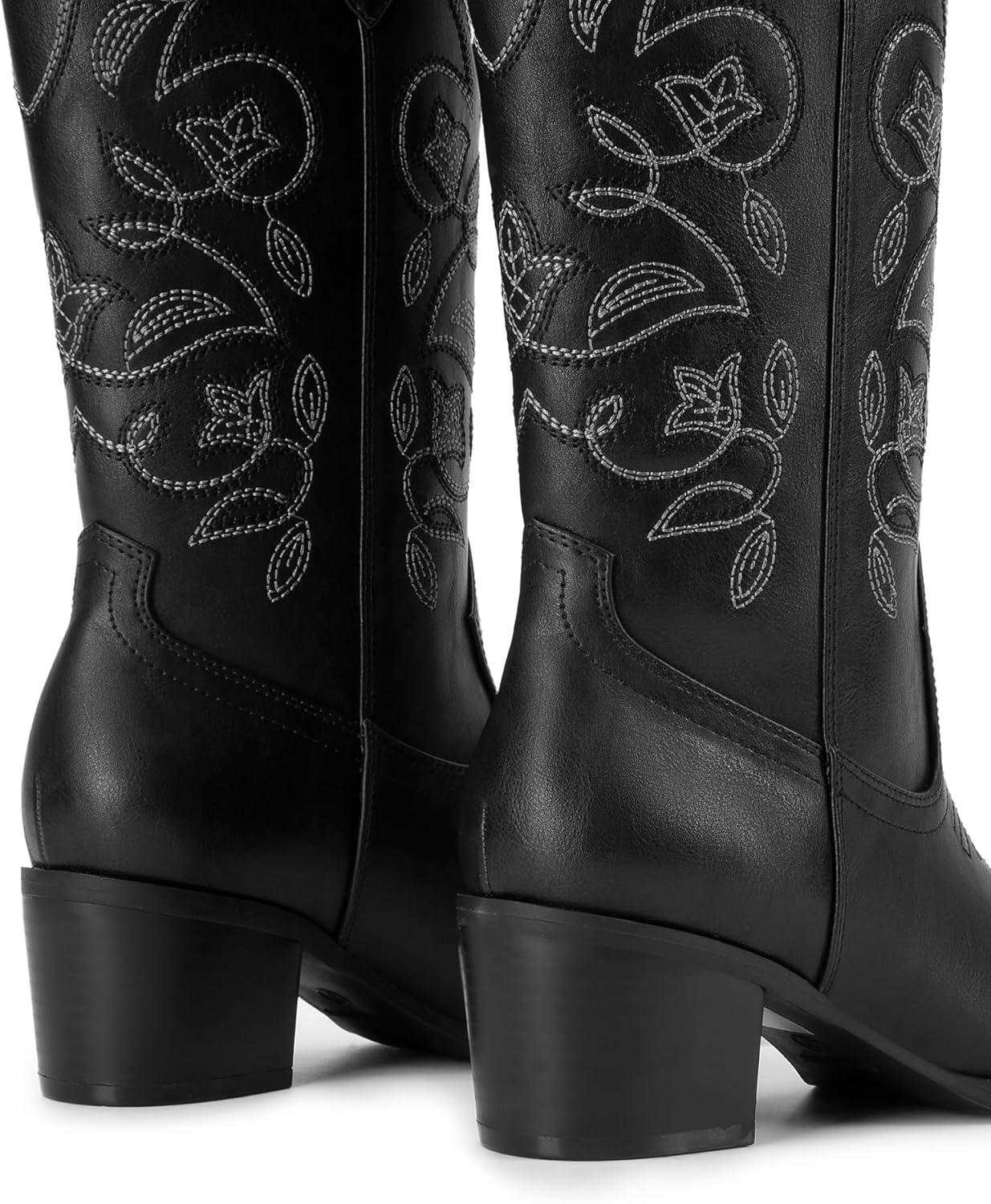 imageDREAM PAIRS Cowboy Boots for Women Cowgirl Western Boots Fashion Embroidery Stitched Chunky Heel Mid Calf BootsBlackpu