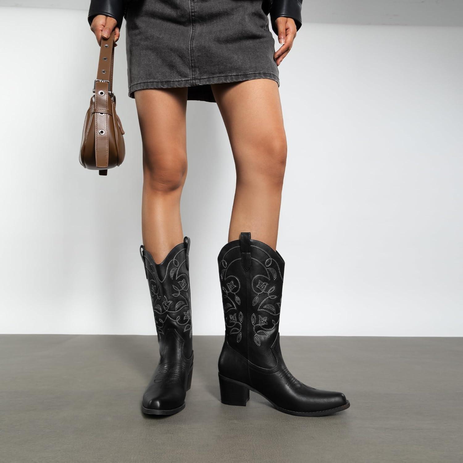 imageDREAM PAIRS Cowboy Boots for Women Cowgirl Western Boots Fashion Embroidery Stitched Chunky Heel Mid Calf BootsBlackpu