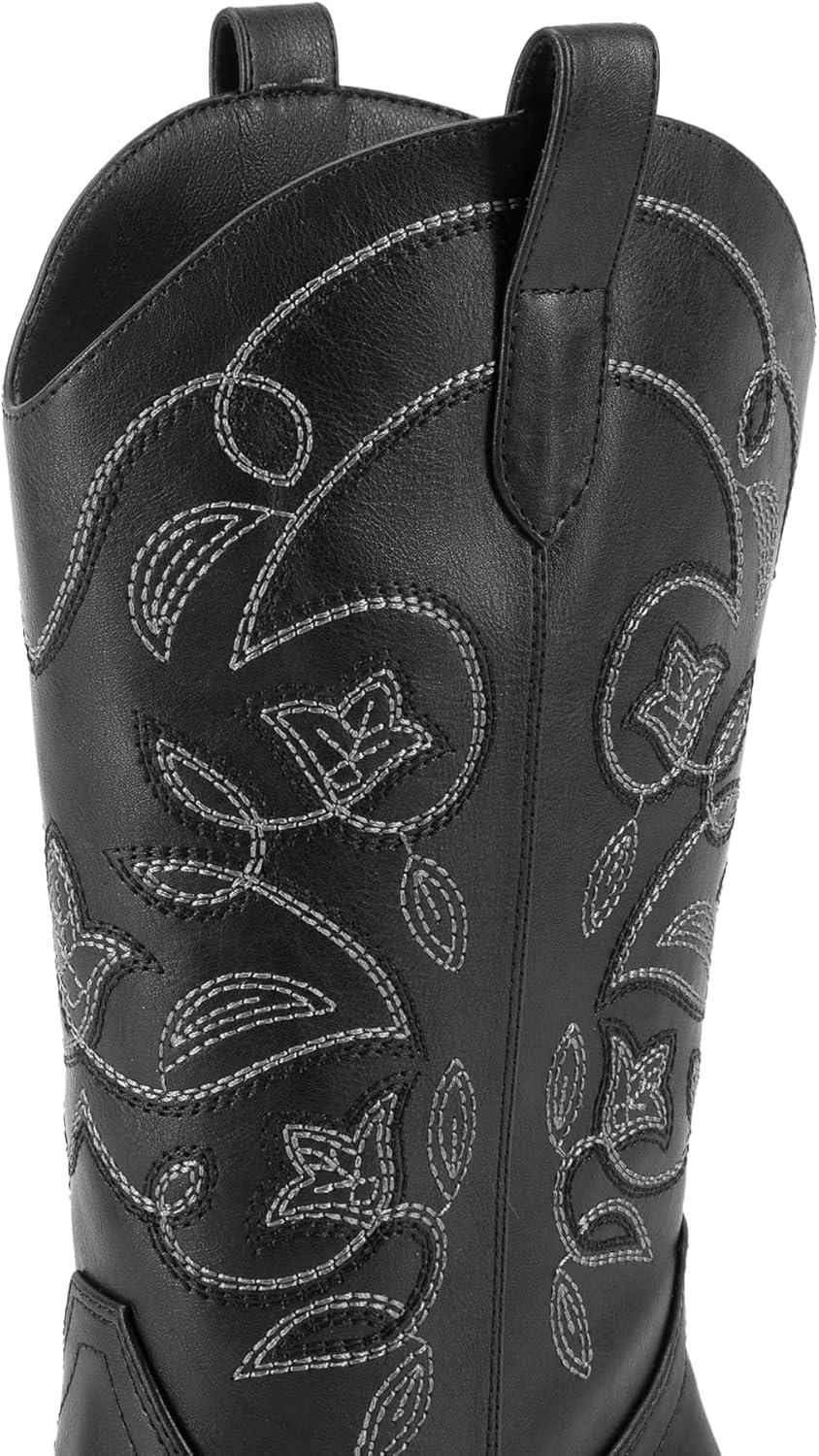 imageDREAM PAIRS Cowboy Boots for Women Cowgirl Western Boots Fashion Embroidery Stitched Chunky Heel Mid Calf BootsBlackpu