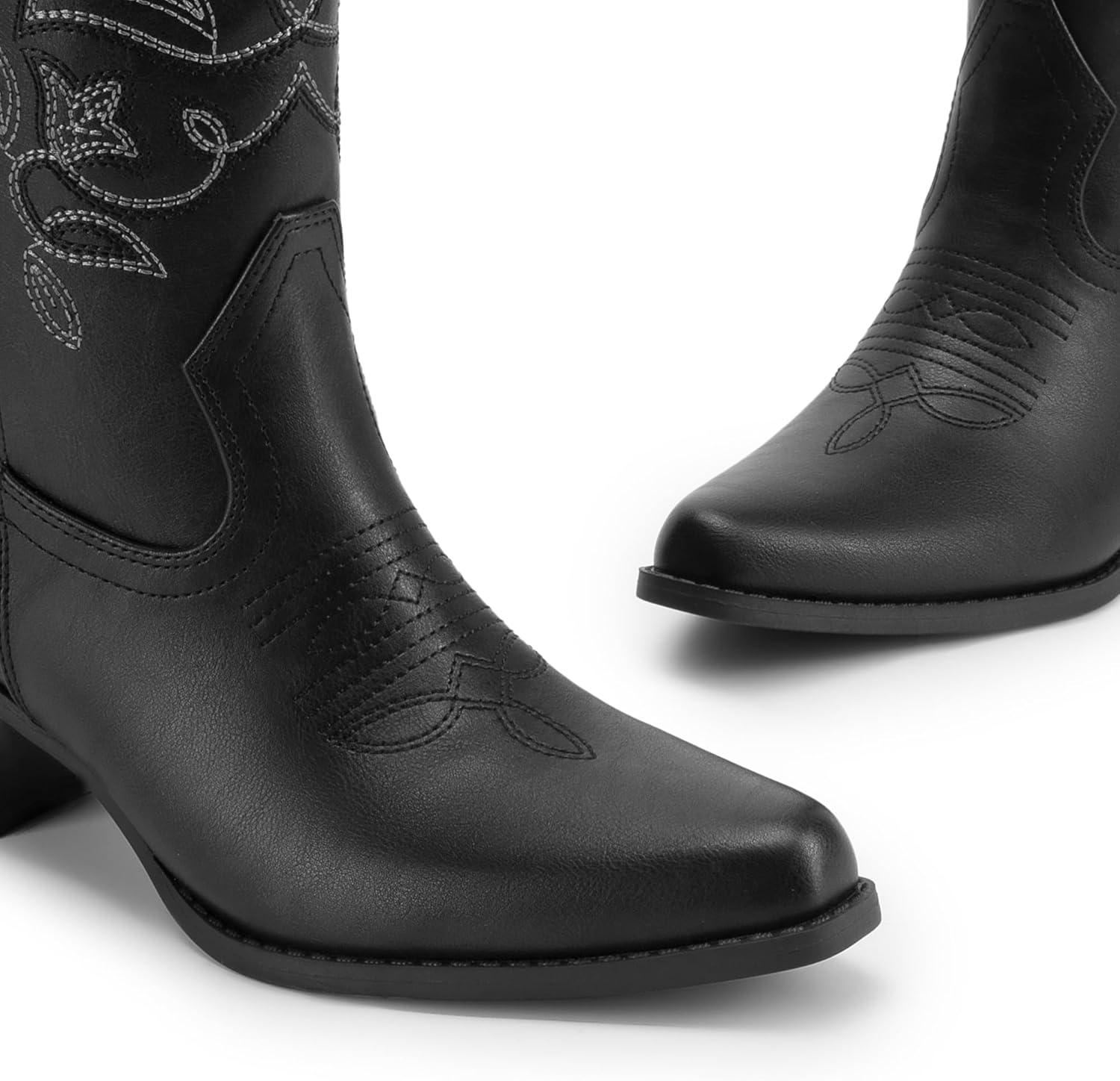 imageDREAM PAIRS Cowboy Boots for Women Cowgirl Western Boots Fashion Embroidery Stitched Chunky Heel Mid Calf BootsBlackpu