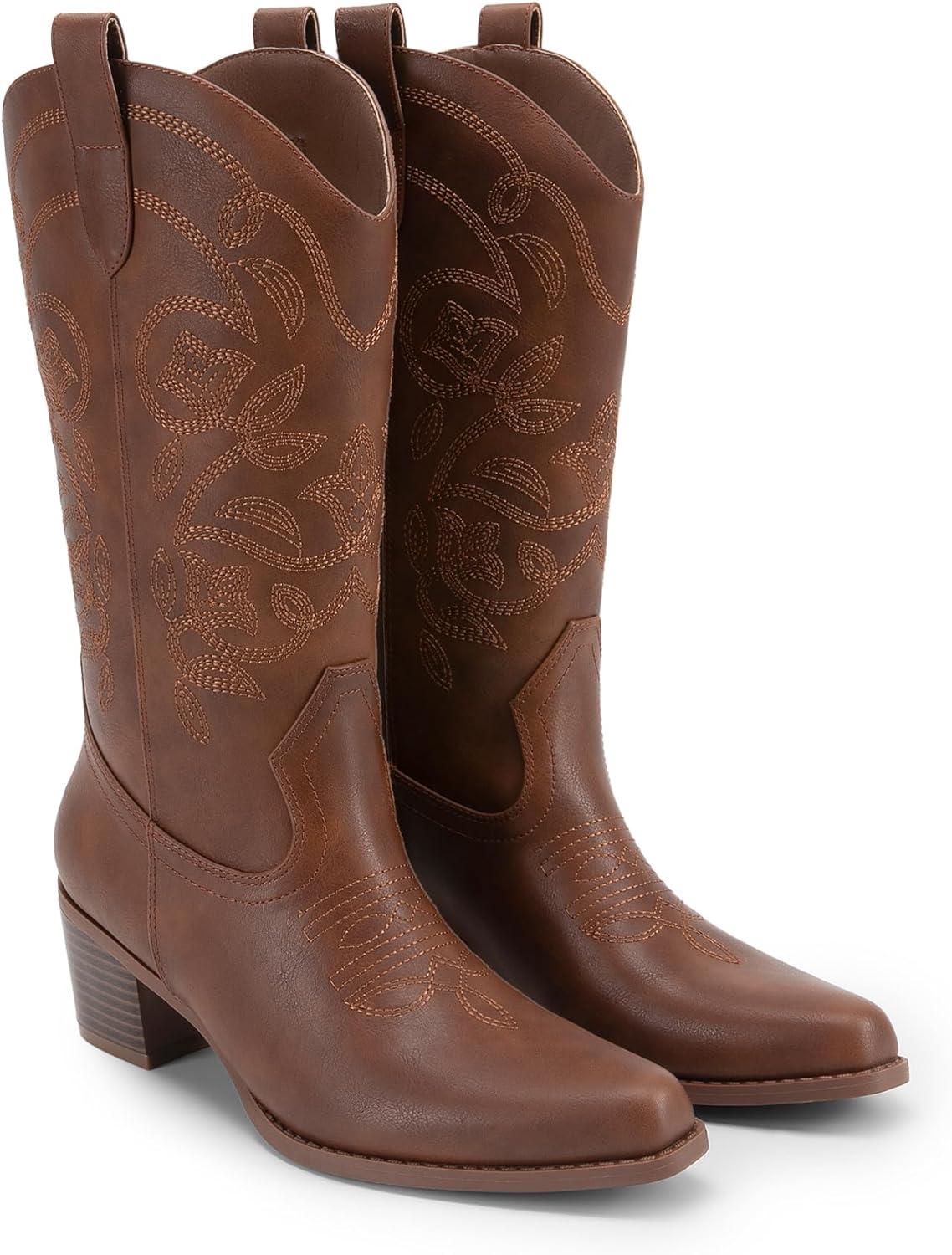 imageDREAM PAIRS Cowboy Boots for Women Cowgirl Western Boots Fashion Embroidery Stitched Chunky Heel Mid Calf BootsBrownpu