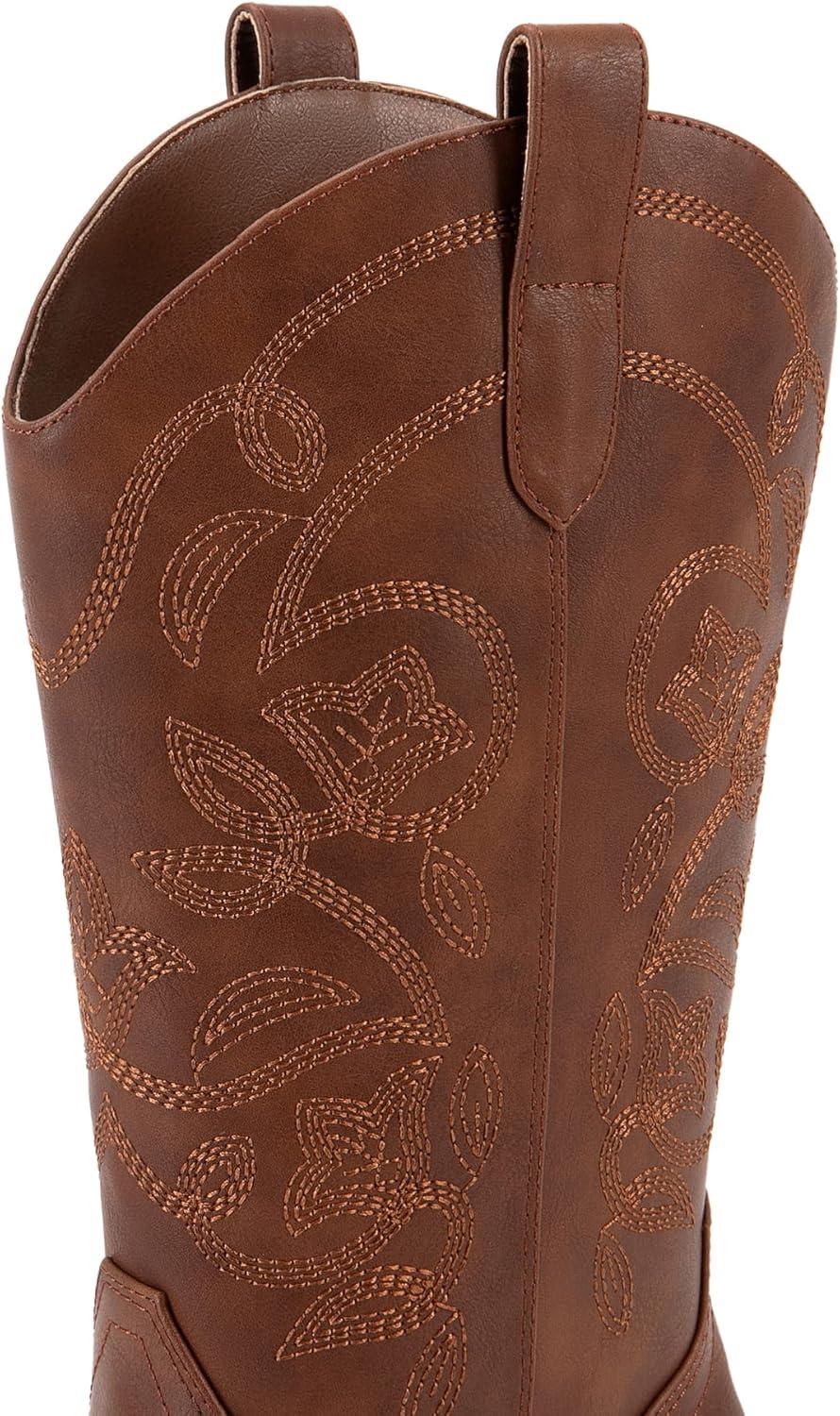 imageDREAM PAIRS Cowboy Boots for Women Cowgirl Western Boots Fashion Embroidery Stitched Chunky Heel Mid Calf BootsBrownpu