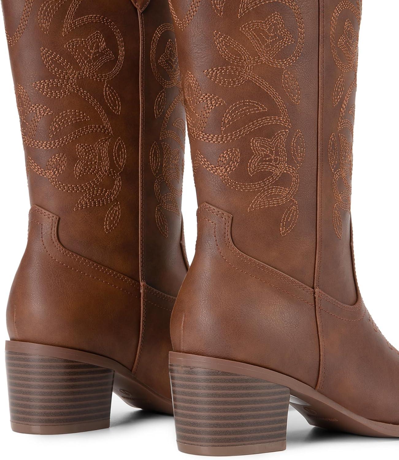 imageDREAM PAIRS Cowboy Boots for Women Cowgirl Western Boots Fashion Embroidery Stitched Chunky Heel Mid Calf BootsBrownpu