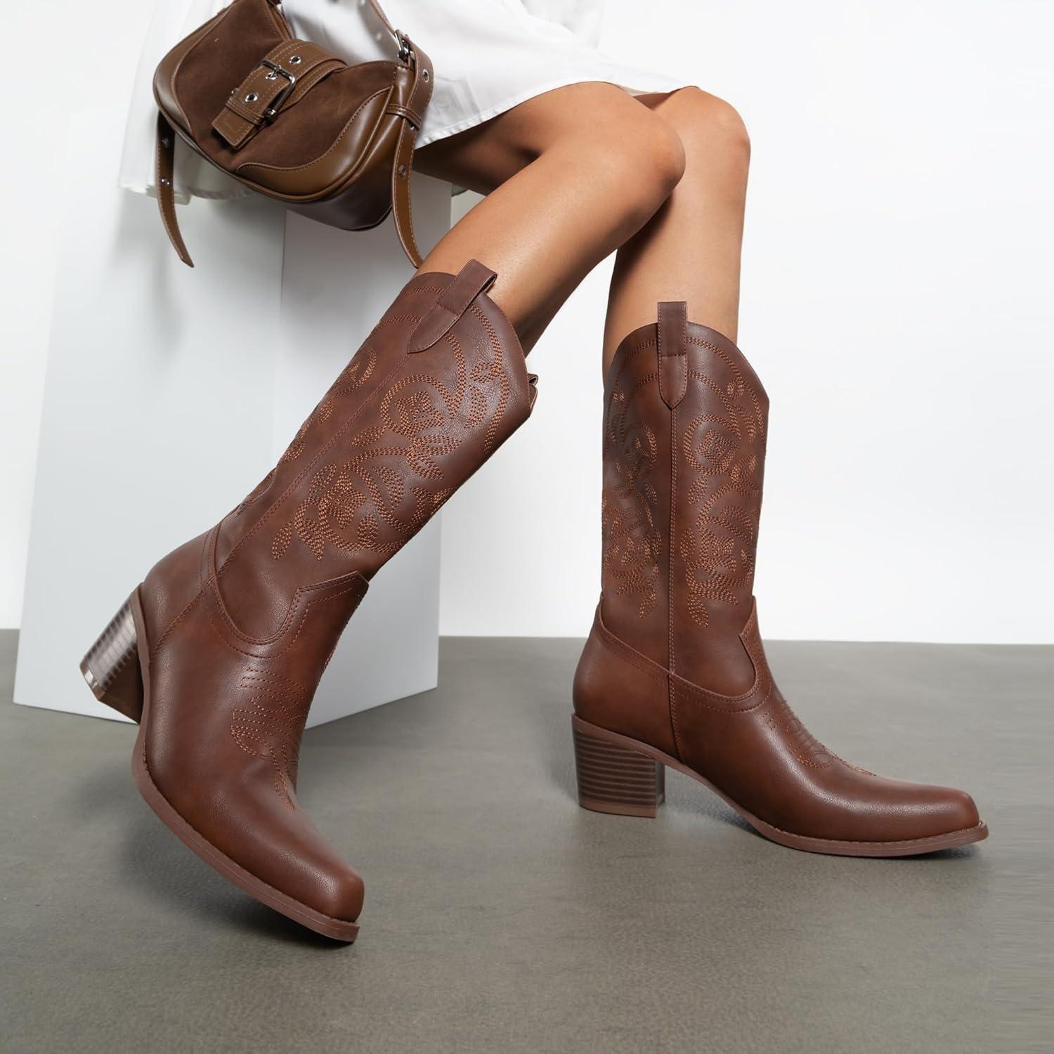 imageDREAM PAIRS Cowboy Boots for Women Cowgirl Western Boots Fashion Embroidery Stitched Chunky Heel Mid Calf BootsBrownpu