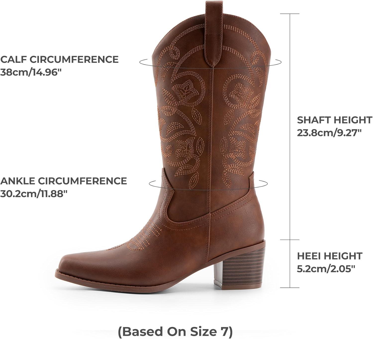 imageDREAM PAIRS Cowboy Boots for Women Cowgirl Western Boots Fashion Embroidery Stitched Chunky Heel Mid Calf BootsBrownpu