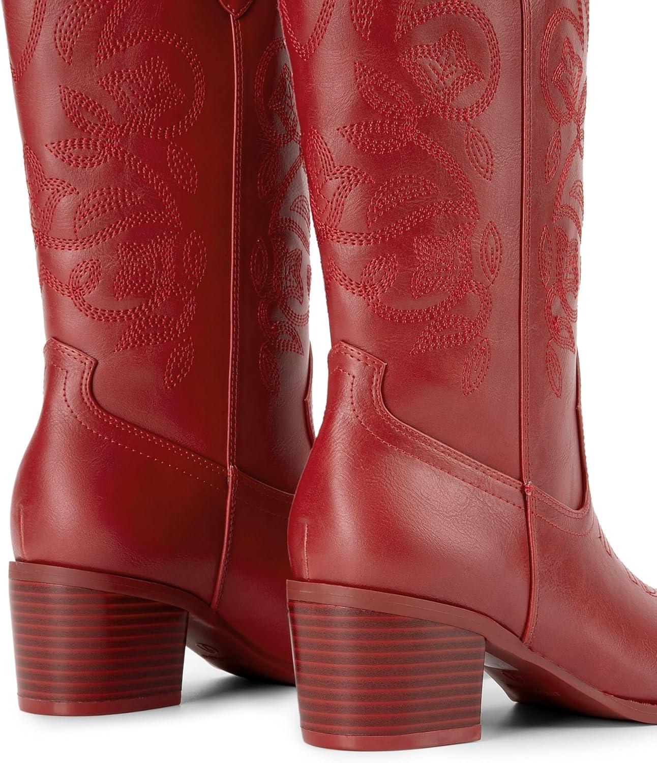 imageDREAM PAIRS Cowboy Boots for Women Cowgirl Western Boots Fashion Embroidery Stitched Chunky Heel Mid Calf BootsRedpu