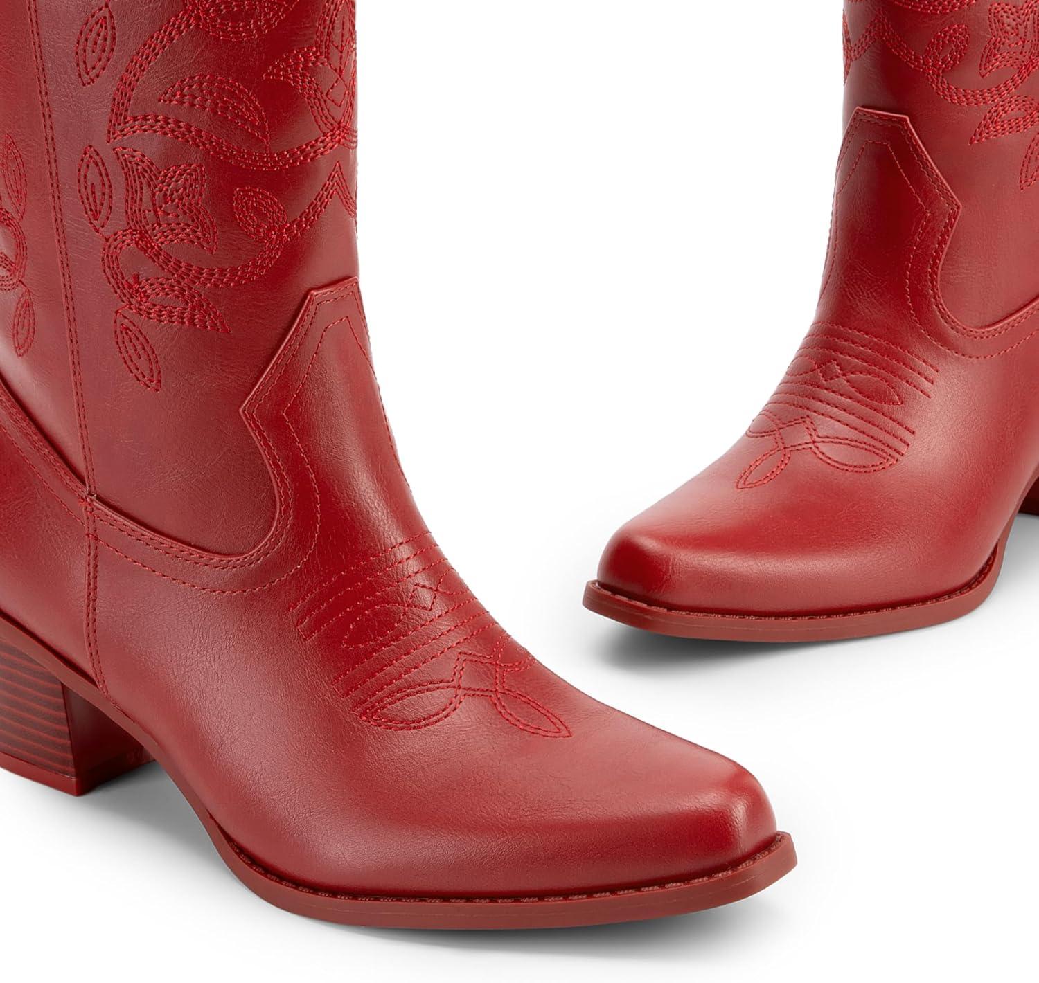 imageDREAM PAIRS Cowboy Boots for Women Cowgirl Western Boots Fashion Embroidery Stitched Chunky Heel Mid Calf BootsRedpu