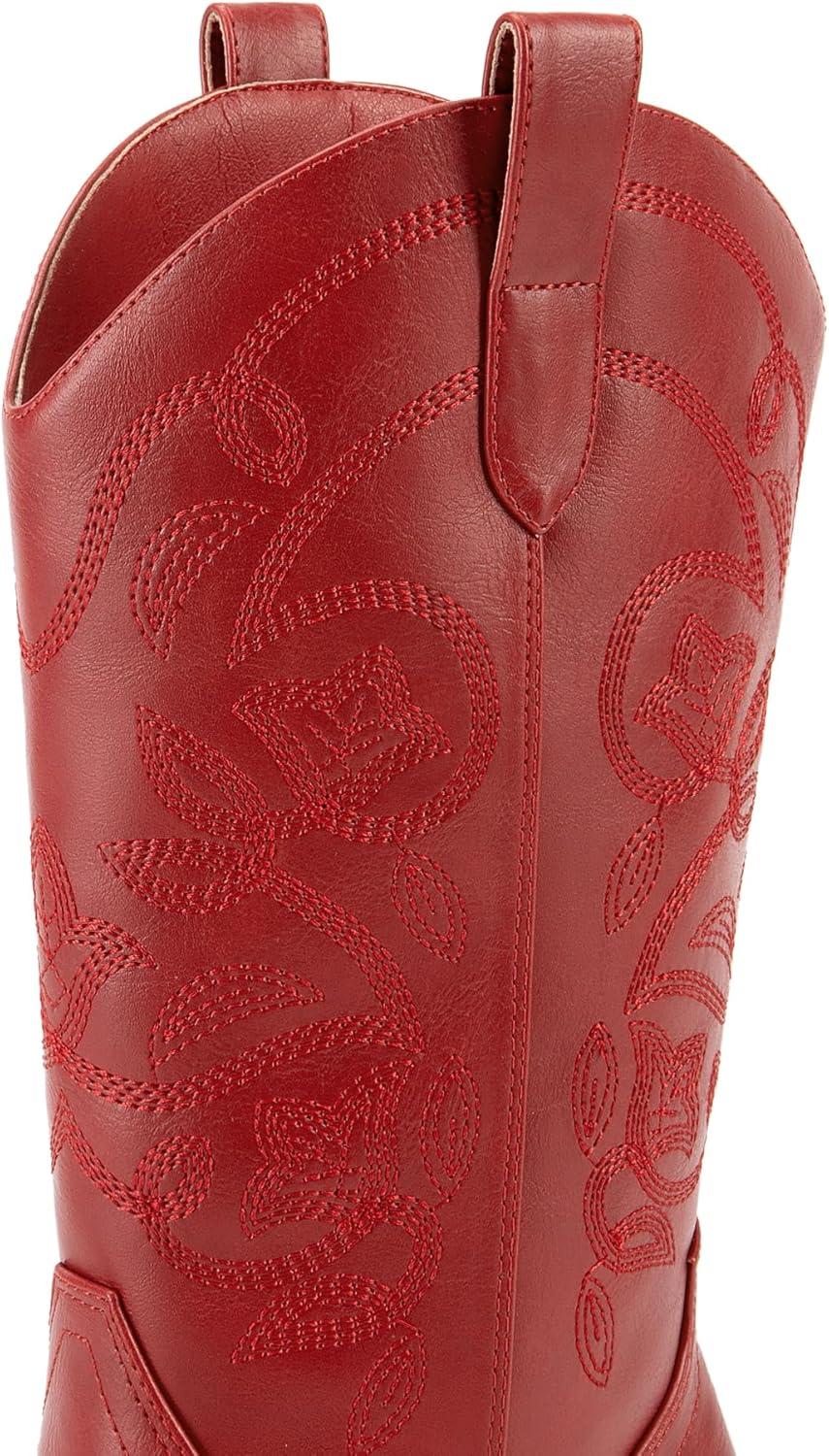 imageDREAM PAIRS Cowboy Boots for Women Cowgirl Western Boots Fashion Embroidery Stitched Chunky Heel Mid Calf BootsRedpu
