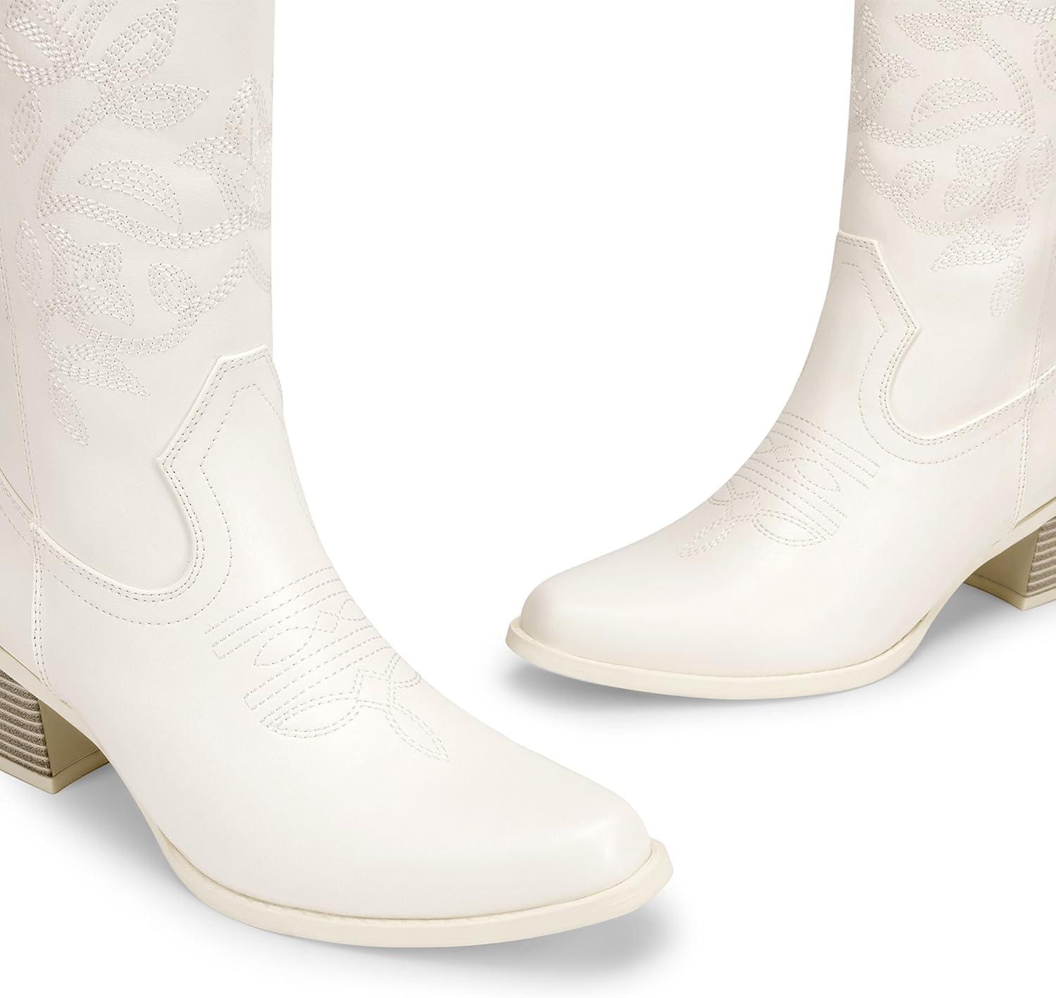 imageDREAM PAIRS Cowboy Boots for Women Cowgirl Western Boots Fashion Embroidery Stitched Chunky Heel Mid Calf BootsWhitepu