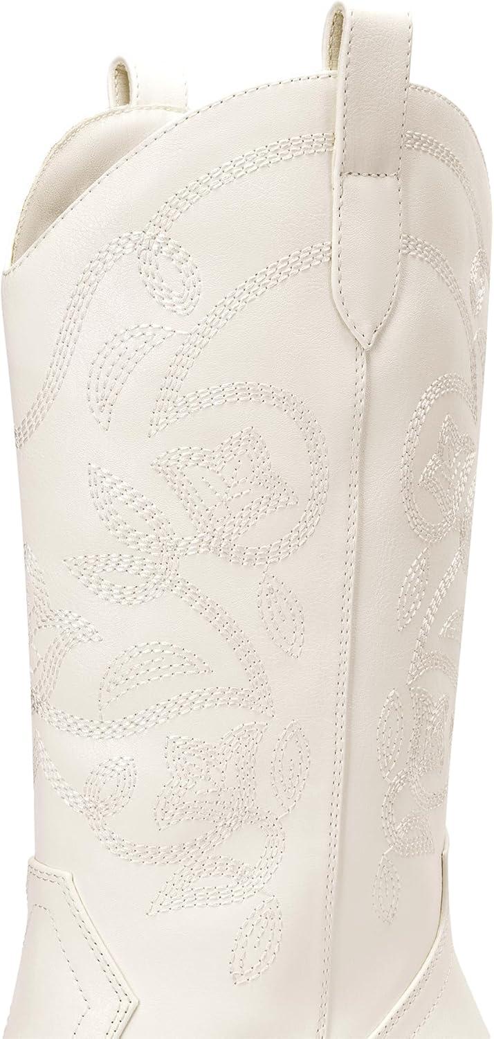 imageDREAM PAIRS Cowboy Boots for Women Cowgirl Western Boots Fashion Embroidery Stitched Chunky Heel Mid Calf BootsWhitepu