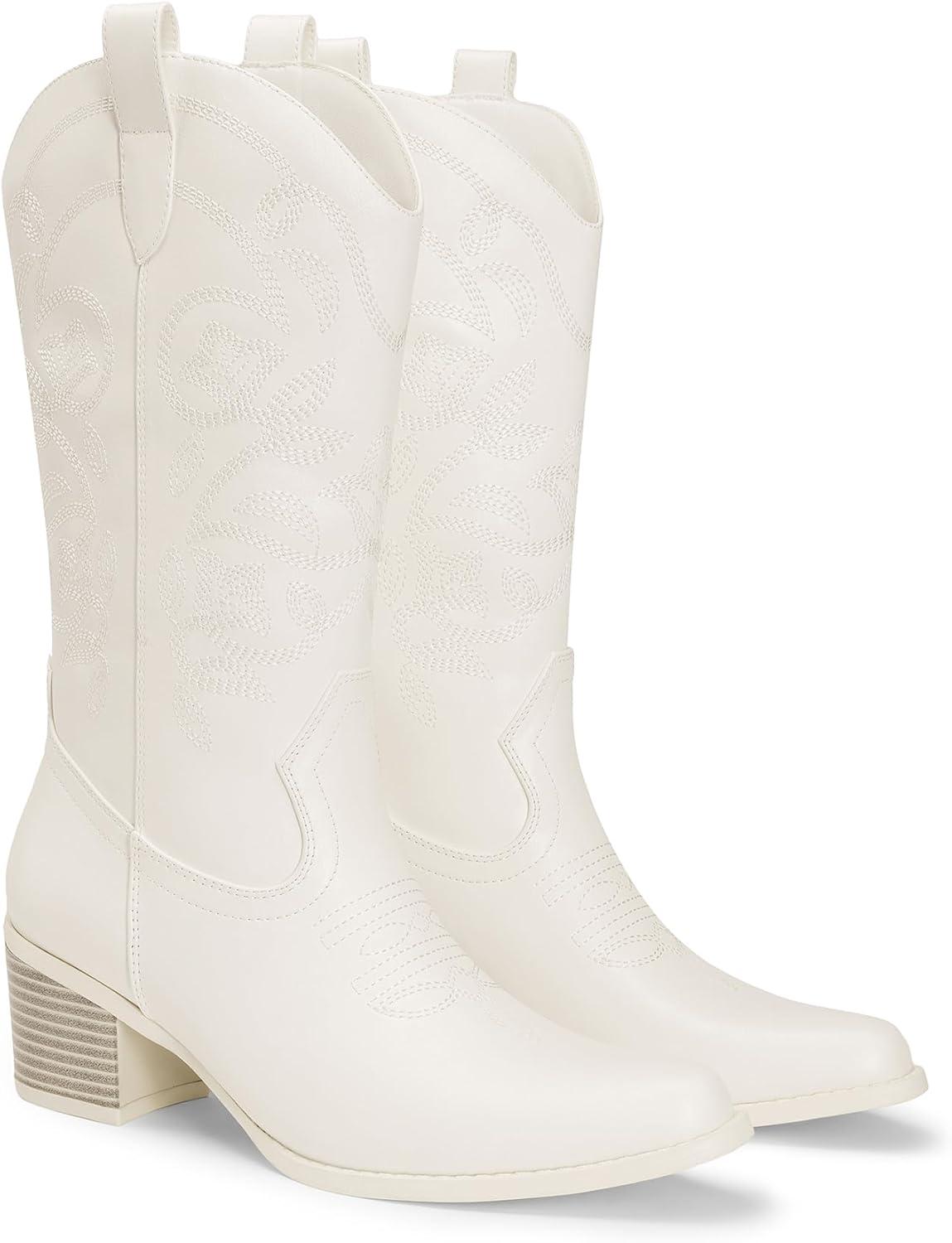 imageDREAM PAIRS Cowboy Boots for Women Cowgirl Western Boots Fashion Embroidery Stitched Chunky Heel Mid Calf BootsWhitepu