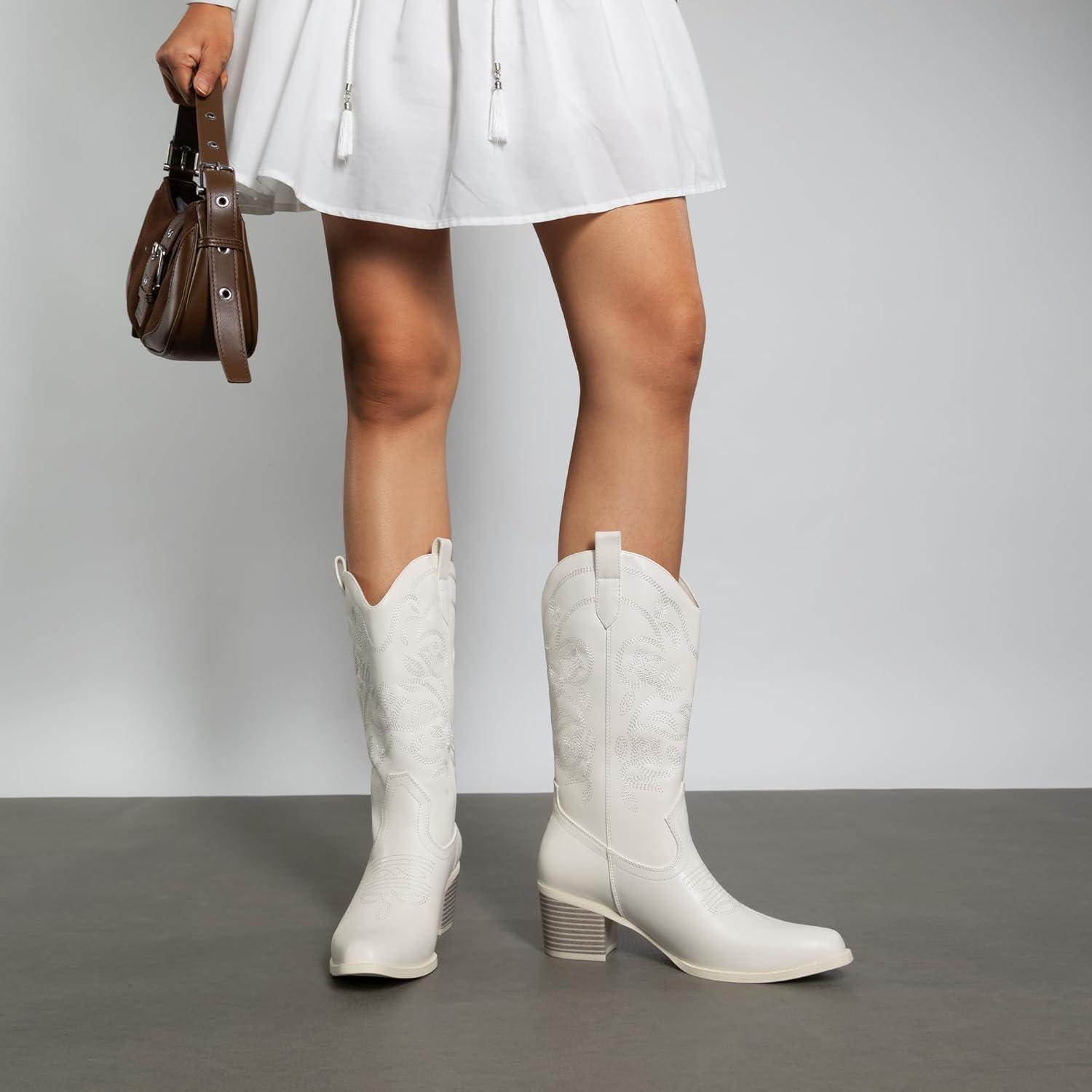 imageDREAM PAIRS Cowboy Boots for Women Cowgirl Western Boots Fashion Embroidery Stitched Chunky Heel Mid Calf BootsWhitepu