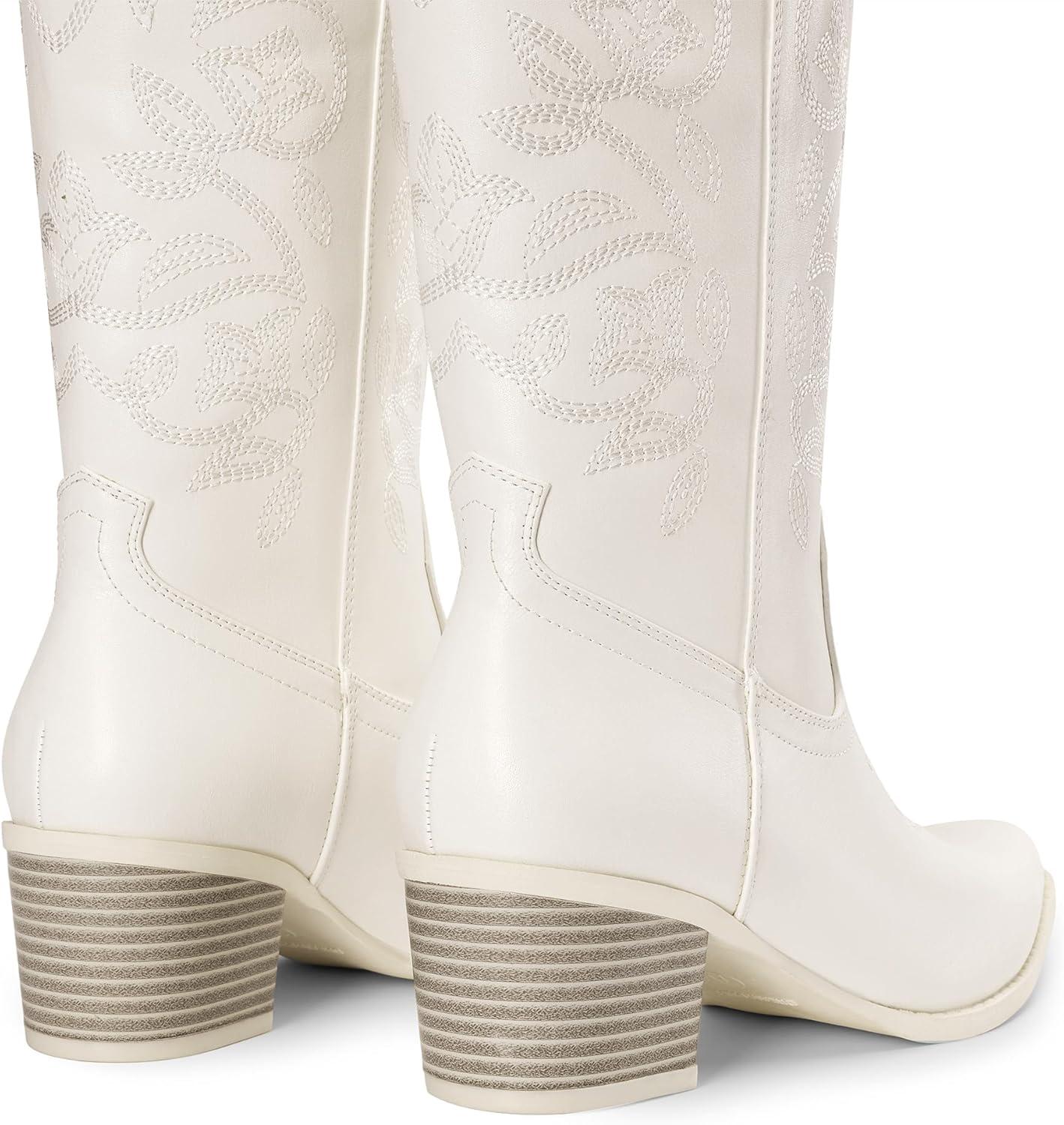 imageDREAM PAIRS Cowboy Boots for Women Cowgirl Western Boots Fashion Embroidery Stitched Chunky Heel Mid Calf BootsWhitepu