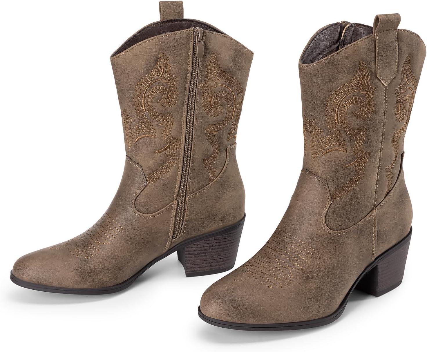 imageDREAM PAIRS Cowboy Boots for Women Mid Calf Cowgirl Boots with Embroidery Round Toe Western Chunky Low Heel ShoesCamel