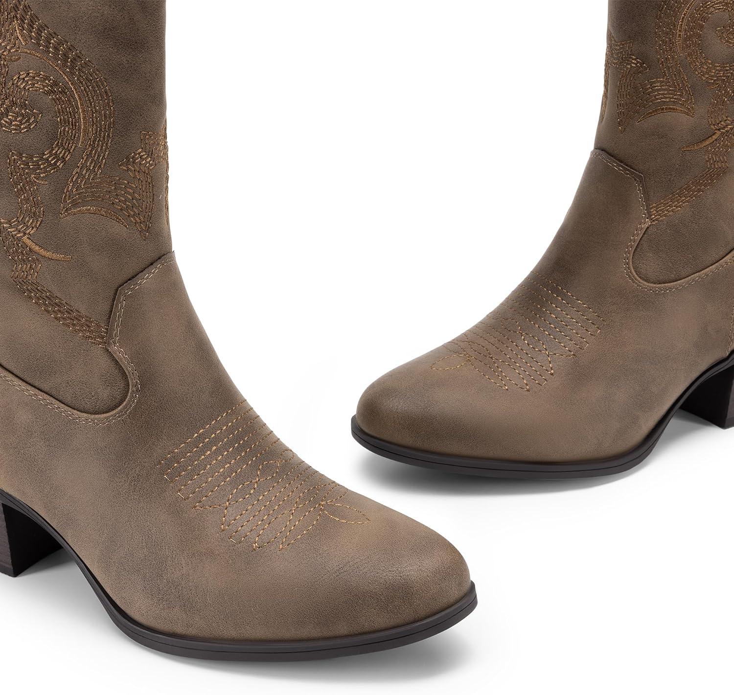 imageDREAM PAIRS Cowboy Boots for Women Mid Calf Cowgirl Boots with Embroidery Round Toe Western Chunky Low Heel ShoesCamel