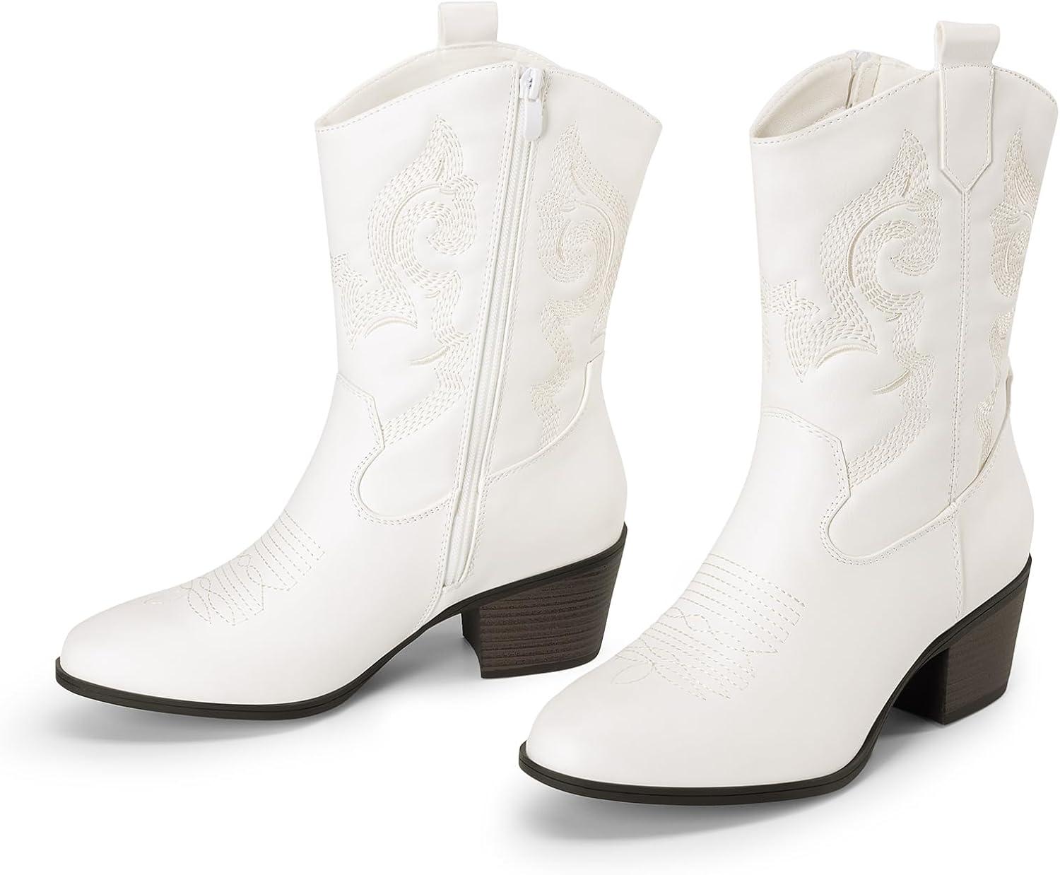 imageDREAM PAIRS Cowboy Boots for Women Mid Calf Cowgirl Boots with Embroidery Round Toe Western Chunky Low Heel ShoesWhite