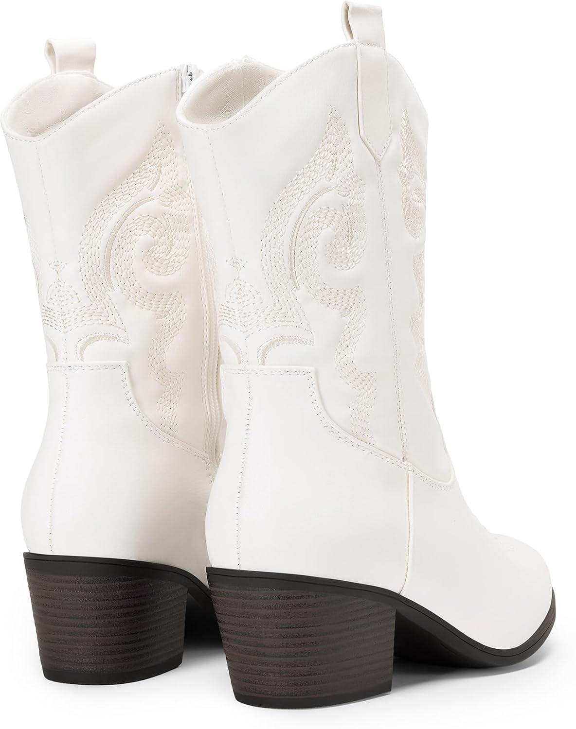 imageDREAM PAIRS Cowboy Boots for Women Mid Calf Cowgirl Boots with Embroidery Round Toe Western Chunky Low Heel ShoesWhite
