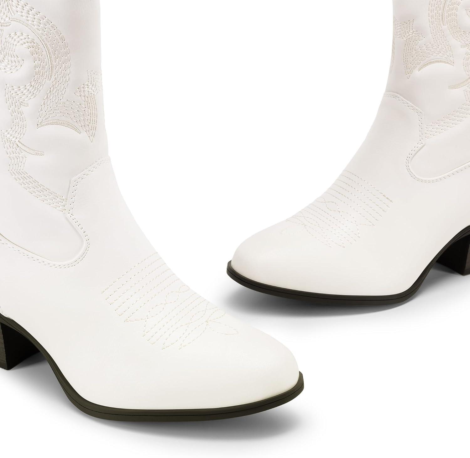 imageDREAM PAIRS Cowboy Boots for Women Mid Calf Cowgirl Boots with Embroidery Round Toe Western Chunky Low Heel ShoesWhite