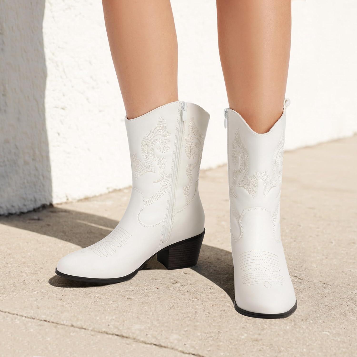 imageDREAM PAIRS Cowboy Boots for Women Mid Calf Cowgirl Boots with Embroidery Round Toe Western Chunky Low Heel ShoesWhite
