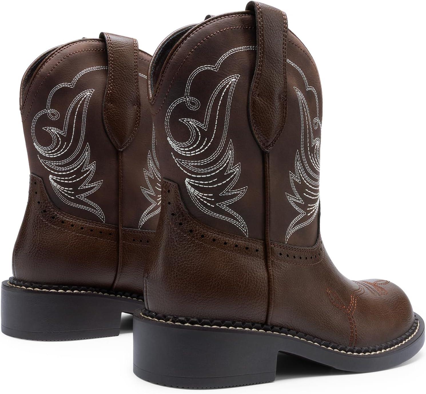 imageDREAM PAIRS Cowboy Cowgirl Boots for Women Round Toe Embroidered Mid Calf Western Boots for Work Country Concerts Rodeos Casual OutingsAll Brown