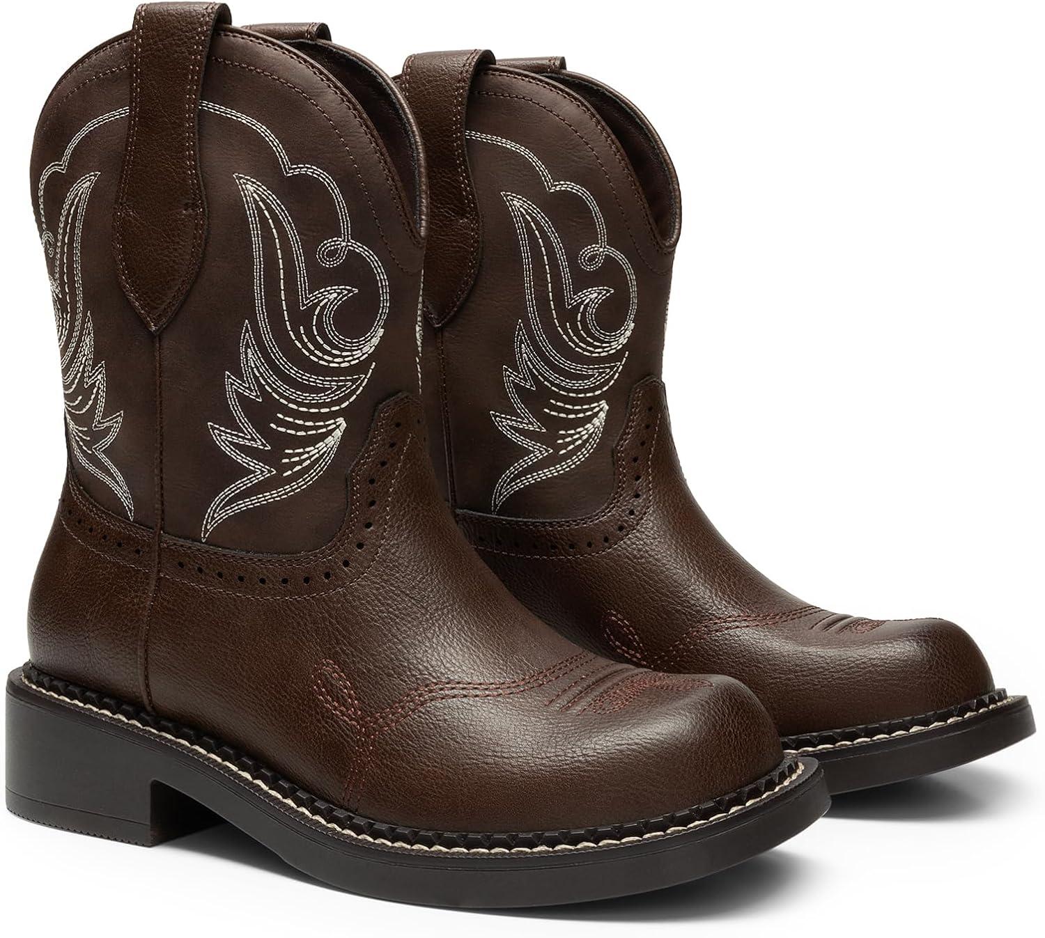 imageDREAM PAIRS Cowboy Cowgirl Boots for Women Round Toe Embroidered Mid Calf Western Boots for Work Country Concerts Rodeos Casual OutingsAll Brown