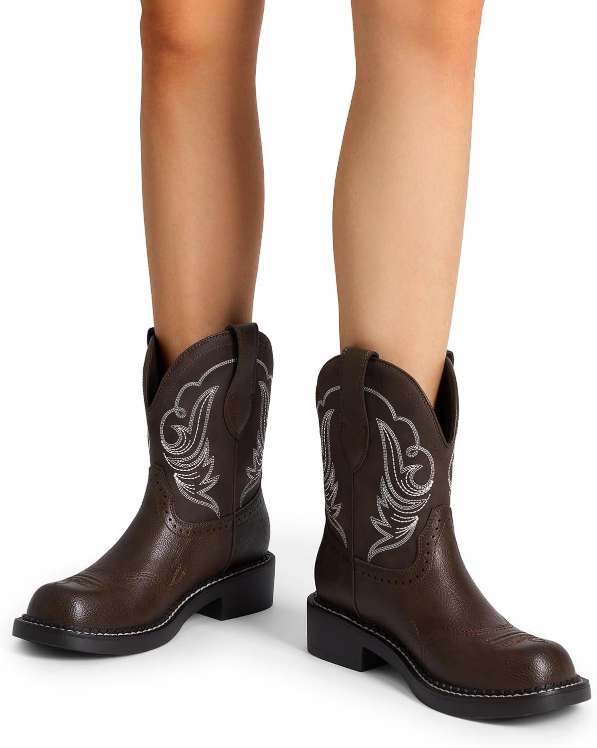 imageDREAM PAIRS Cowboy Cowgirl Boots for Women Round Toe Embroidered Mid Calf Western Boots for Work Country Concerts Rodeos Casual OutingsAll Brown