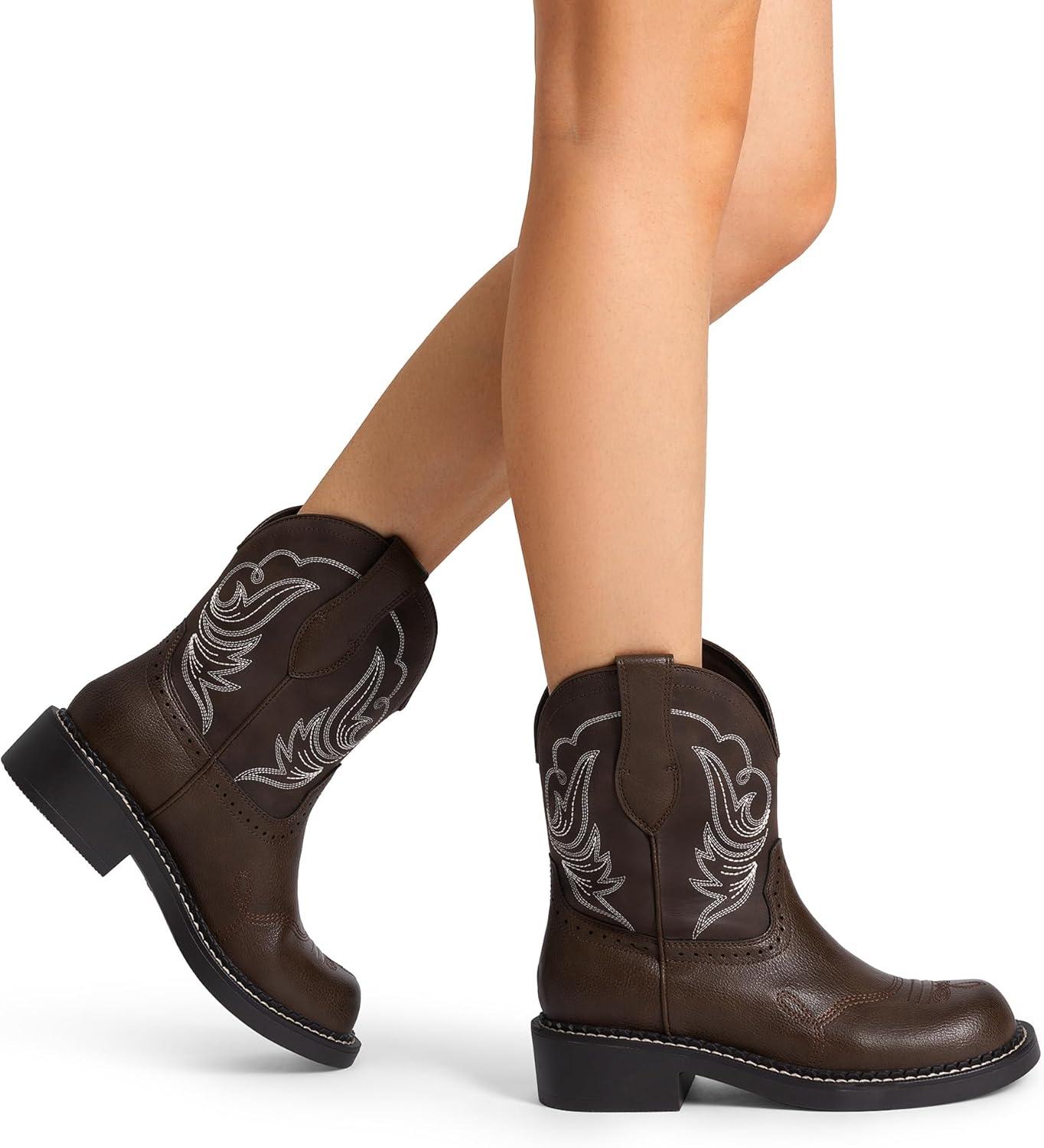 imageDREAM PAIRS Cowboy Cowgirl Boots for Women Round Toe Embroidered Mid Calf Western Boots for Work Country Concerts Rodeos Casual OutingsAll Brown