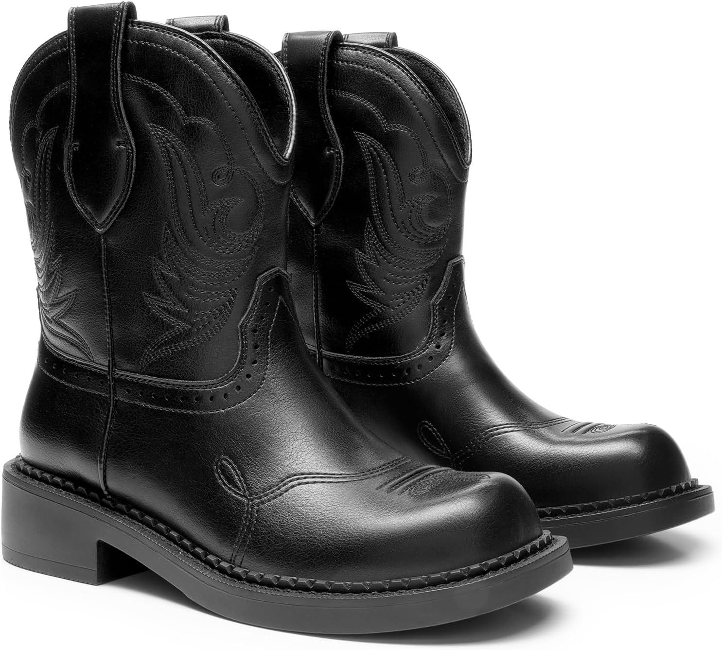 imageDREAM PAIRS Cowboy Cowgirl Boots for Women Round Toe Embroidered Mid Calf Western Boots for Work Country Concerts Rodeos Casual OutingsBlack