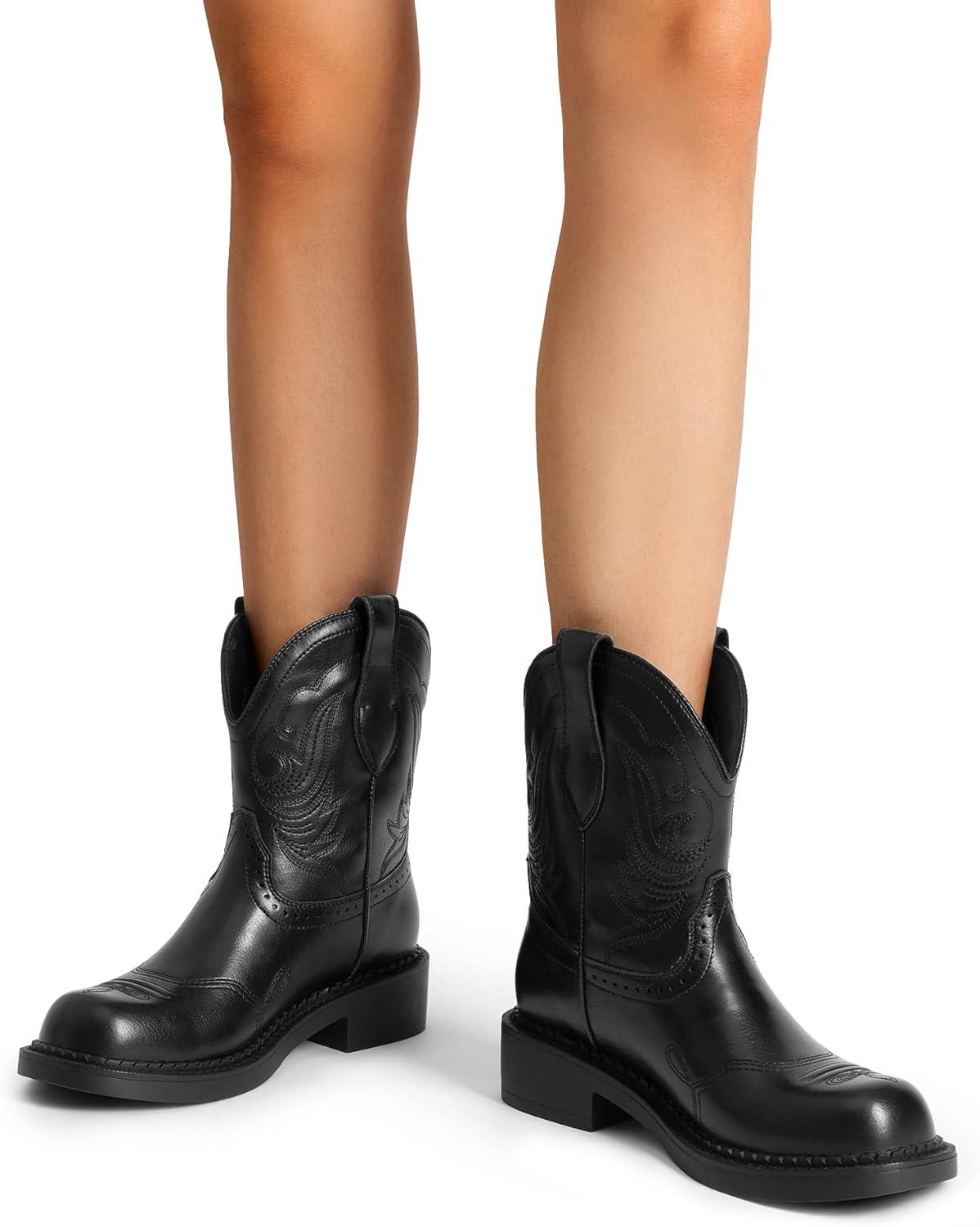 imageDREAM PAIRS Cowboy Cowgirl Boots for Women Round Toe Embroidered Mid Calf Western Boots for Work Country Concerts Rodeos Casual OutingsBlack