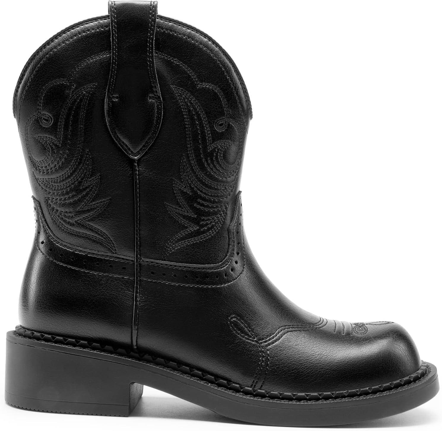 imageDREAM PAIRS Cowboy Cowgirl Boots for Women Round Toe Embroidered Mid Calf Western Boots for Work Country Concerts Rodeos Casual OutingsBlack