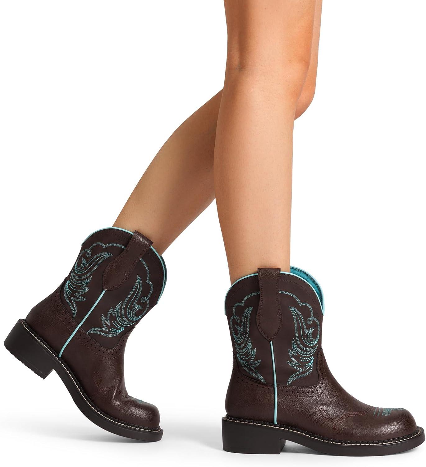 imageDREAM PAIRS Cowboy Cowgirl Boots for Women Round Toe Embroidered Mid Calf Western Boots for Work Country Concerts Rodeos Casual OutingsBrown