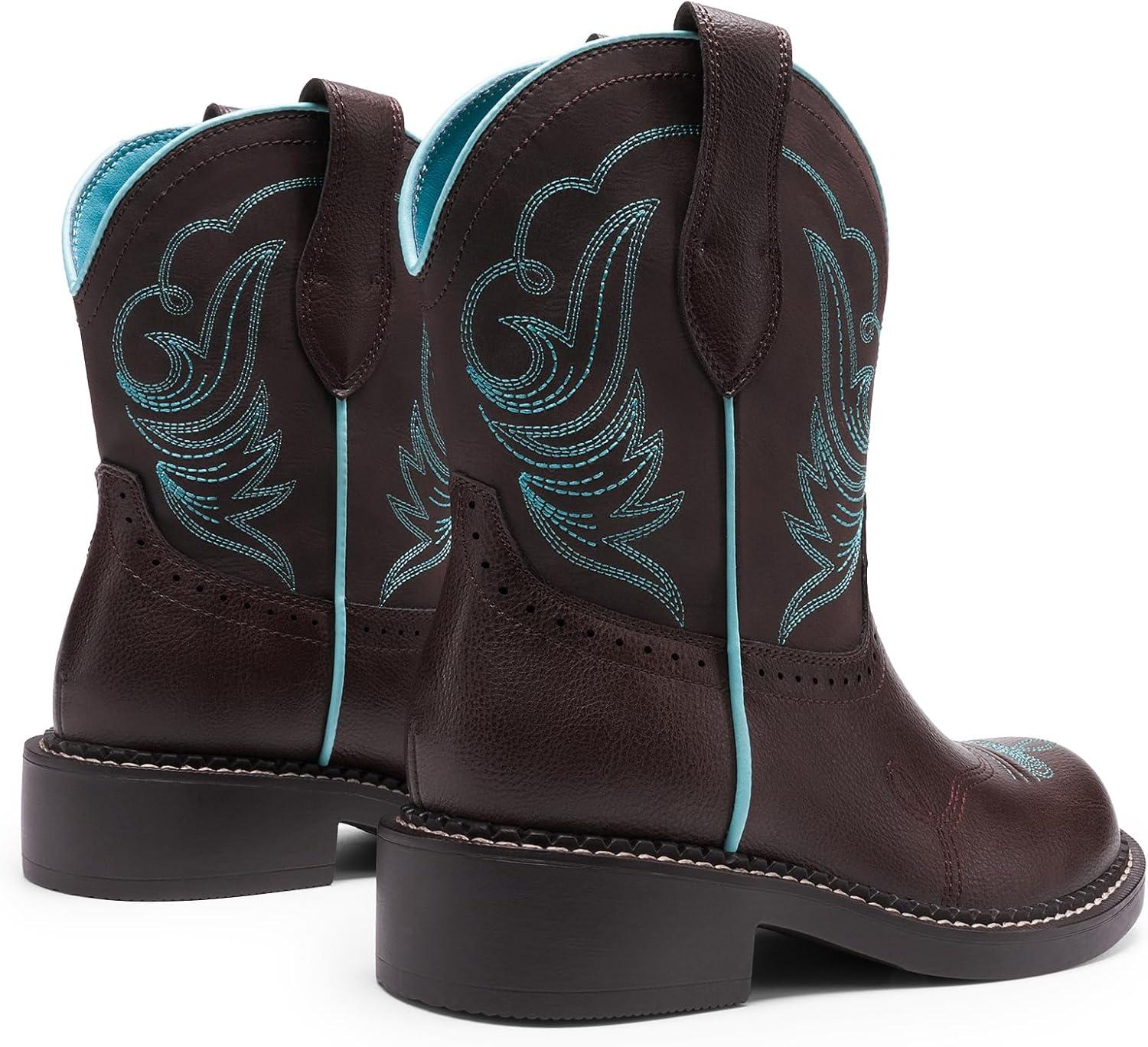 imageDREAM PAIRS Cowboy Cowgirl Boots for Women Round Toe Embroidered Mid Calf Western Boots for Work Country Concerts Rodeos Casual OutingsBrown