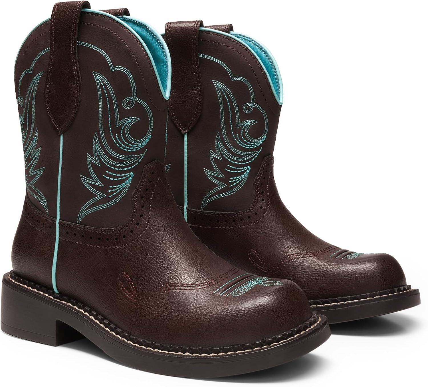 imageDREAM PAIRS Cowboy Cowgirl Boots for Women Round Toe Embroidered Mid Calf Western Boots for Work Country Concerts Rodeos Casual OutingsBrown