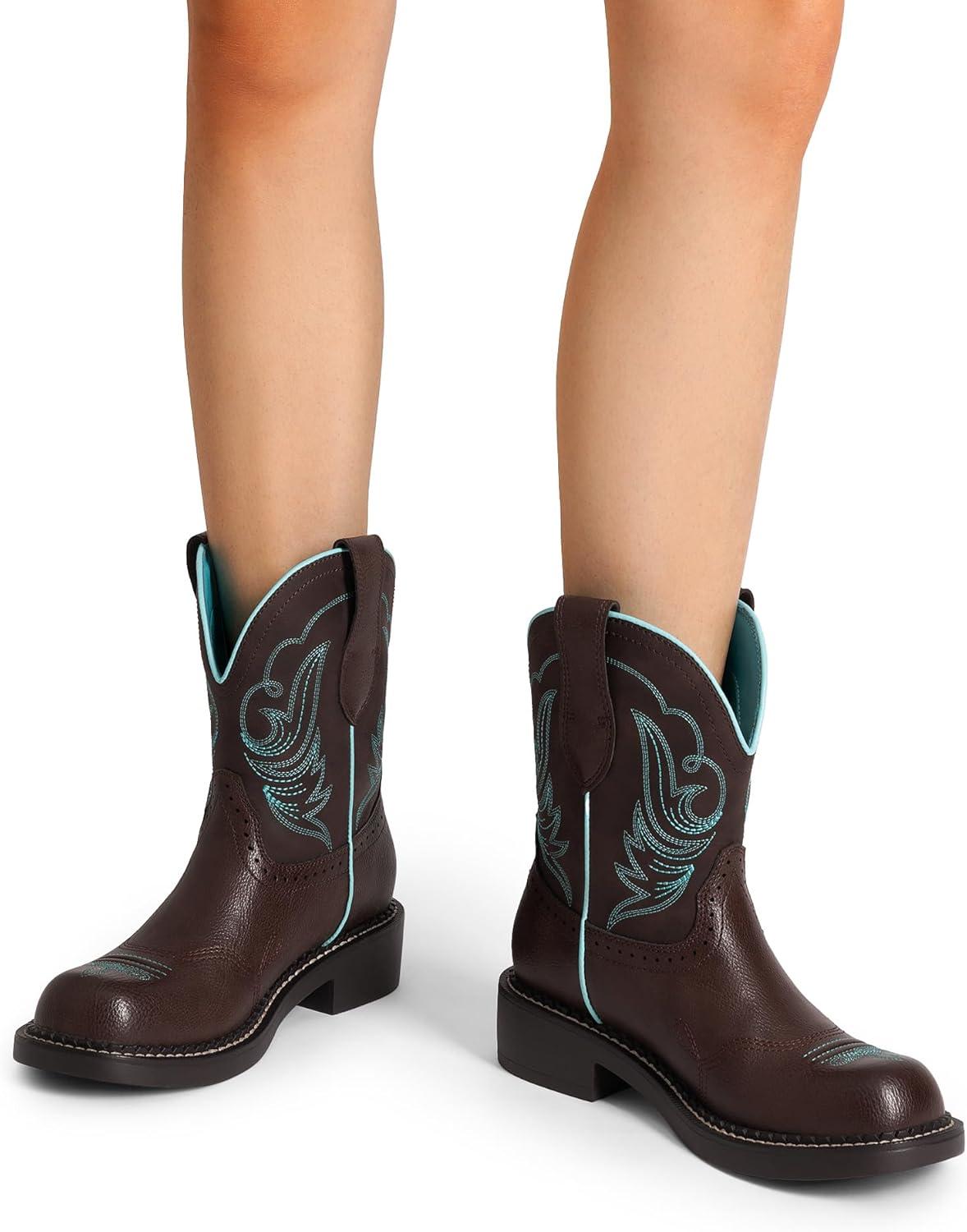 imageDREAM PAIRS Cowboy Cowgirl Boots for Women Round Toe Embroidered Mid Calf Western Boots for Work Country Concerts Rodeos Casual OutingsBrown