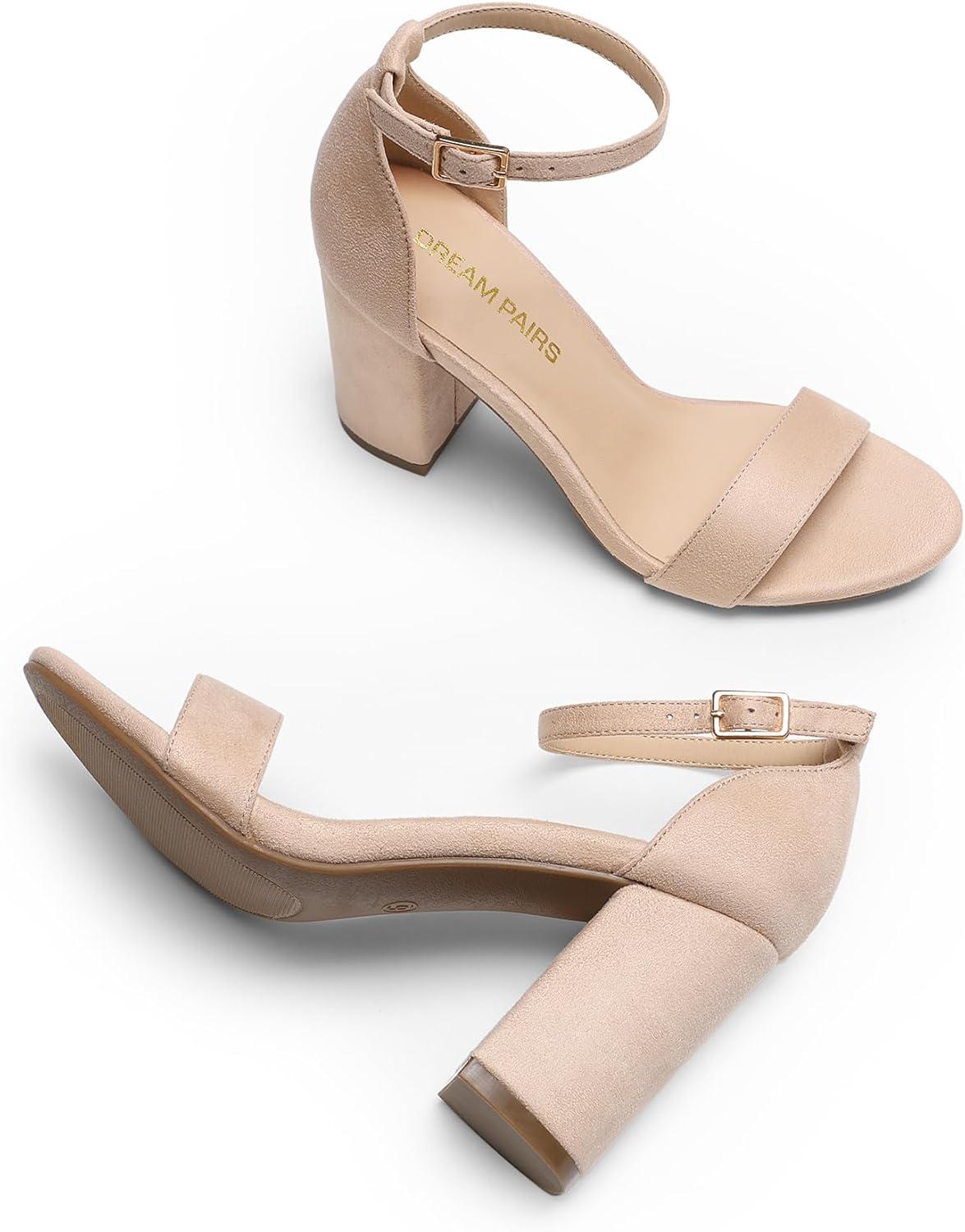 imageDREAM PAIRS Heels for Women Chunky Block Heel Open Toe Ankle Strap 35 Inch Heeled Sandals for Party Date WeddingNudesuede