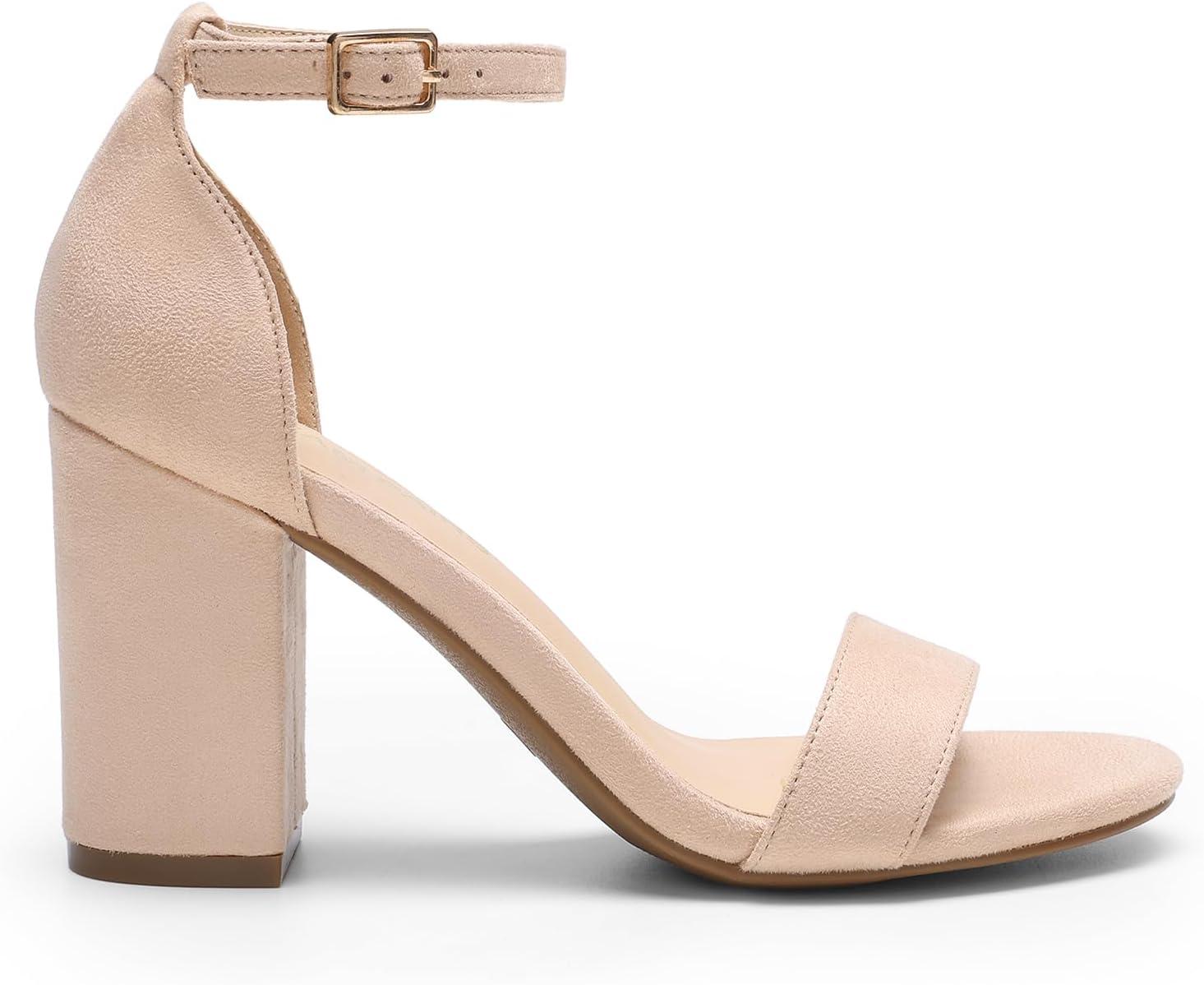 imageDREAM PAIRS Heels for Women Chunky Block Heel Open Toe Ankle Strap 35 Inch Heeled Sandals for Party Date WeddingNudesuede