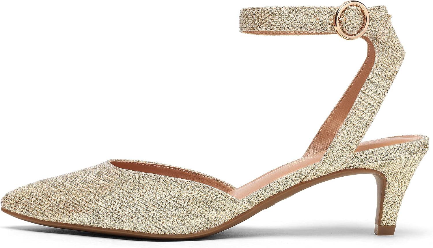 imageDREAM PAIRS Kitten Heels for Women Low Heel Dress Shoes Wedding Dress Closed Toe Pump Shoes LunaGoldGlitter