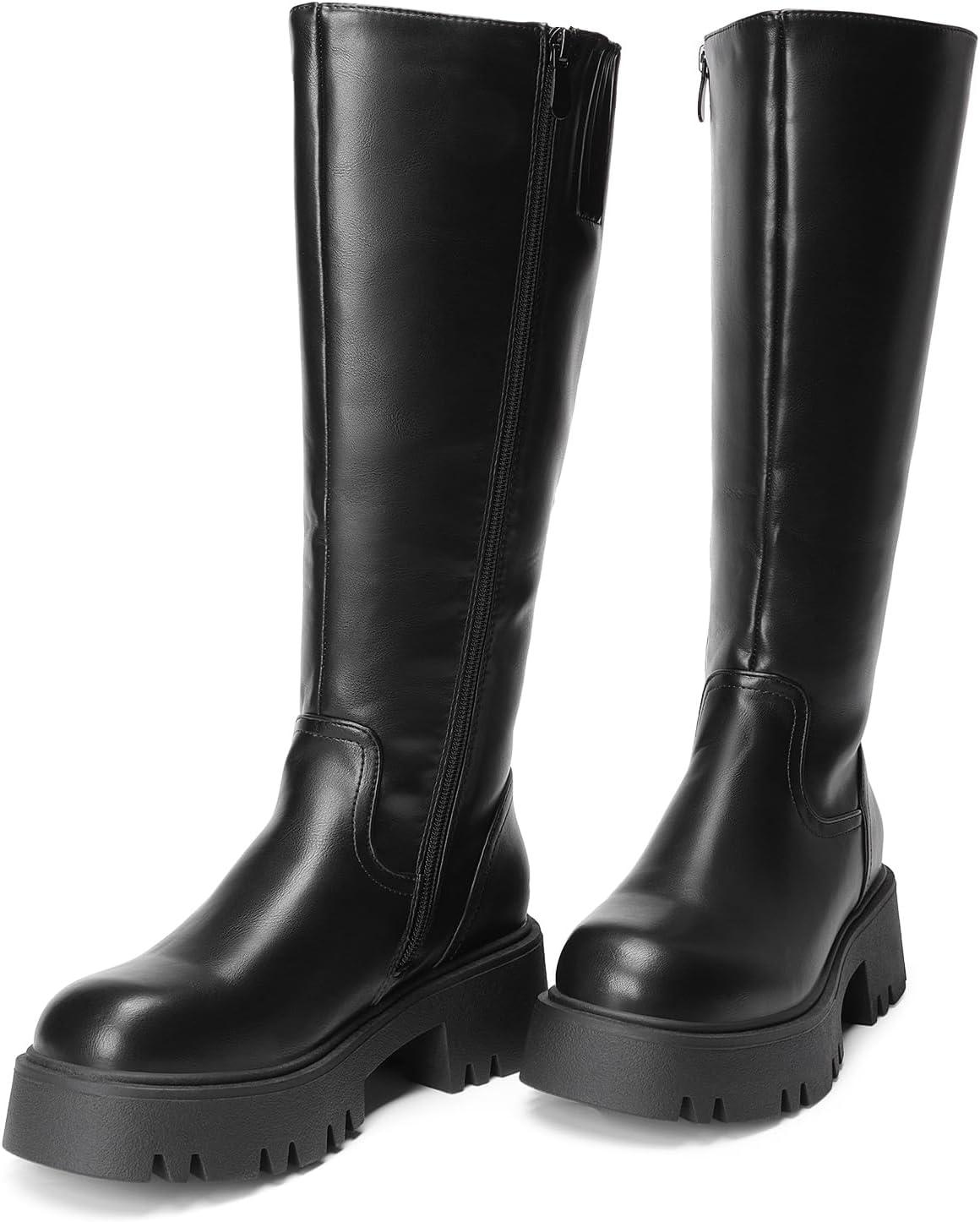 imageDREAM PAIRS Knee High Boots Comfortable Chunky Platform RoundToe Side Zip Boots for WomenBlack