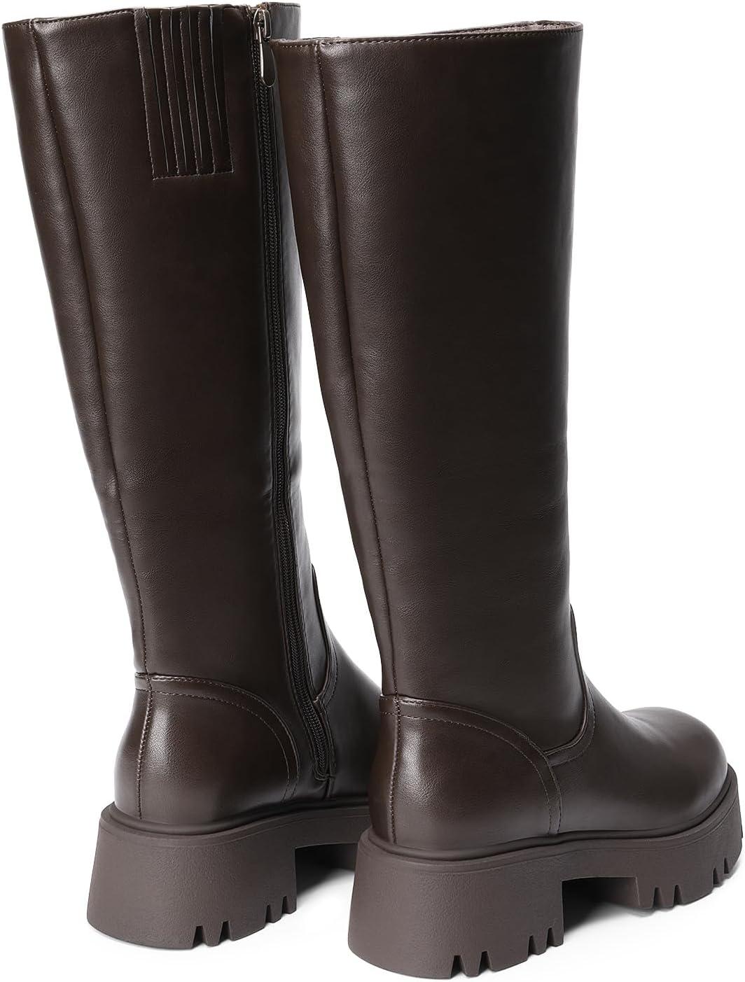 imageDREAM PAIRS Knee High Boots Comfortable Chunky Platform RoundToe Side Zip Boots for WomenBrown