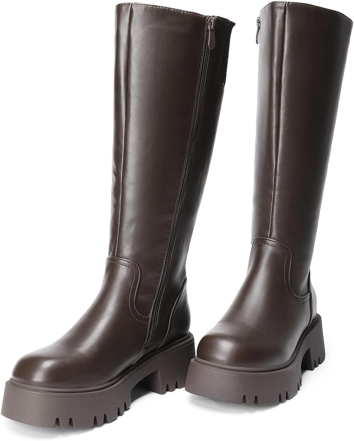 imageDREAM PAIRS Knee High Boots Comfortable Chunky Platform RoundToe Side Zip Boots for WomenBrown