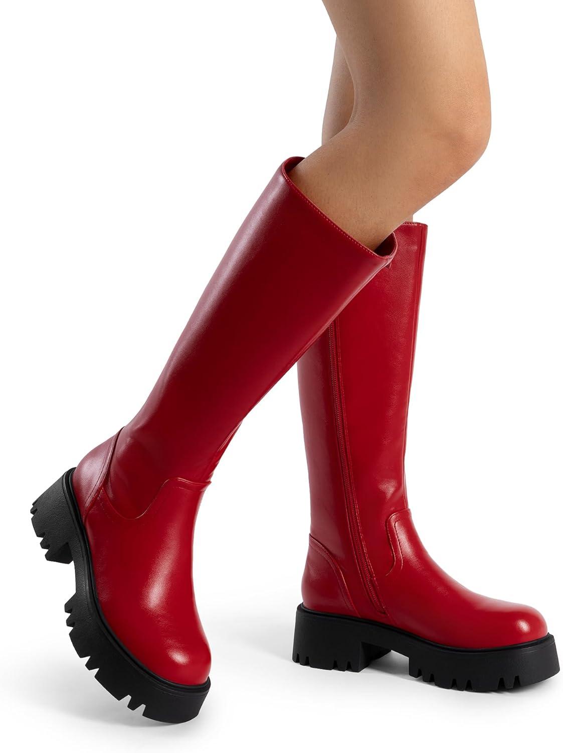 imageDREAM PAIRS Knee High Boots Comfortable Chunky Platform RoundToe Side Zip Boots for WomenRed