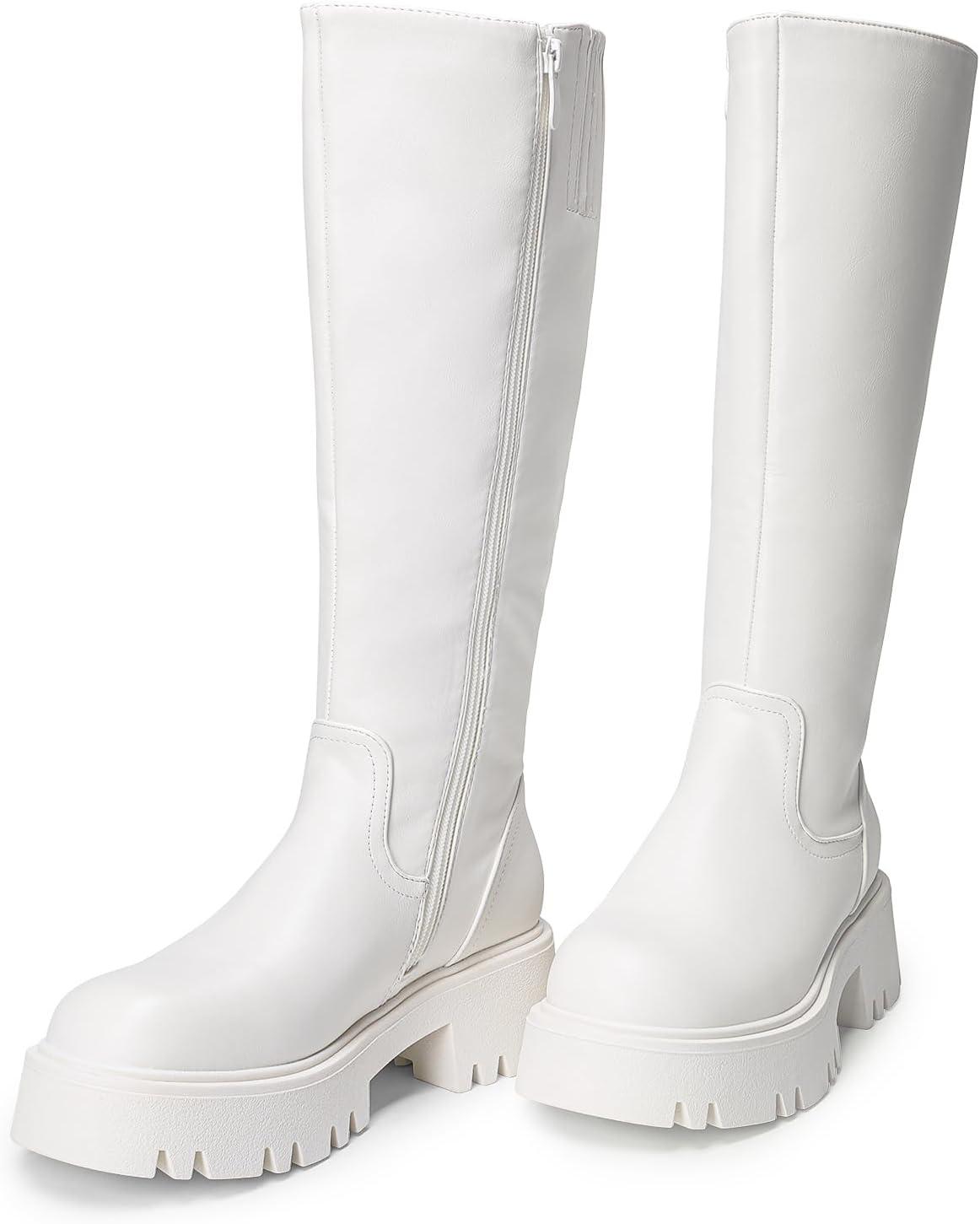 imageDREAM PAIRS Knee High Boots Comfortable Chunky Platform RoundToe Side Zip Boots for WomenWhite