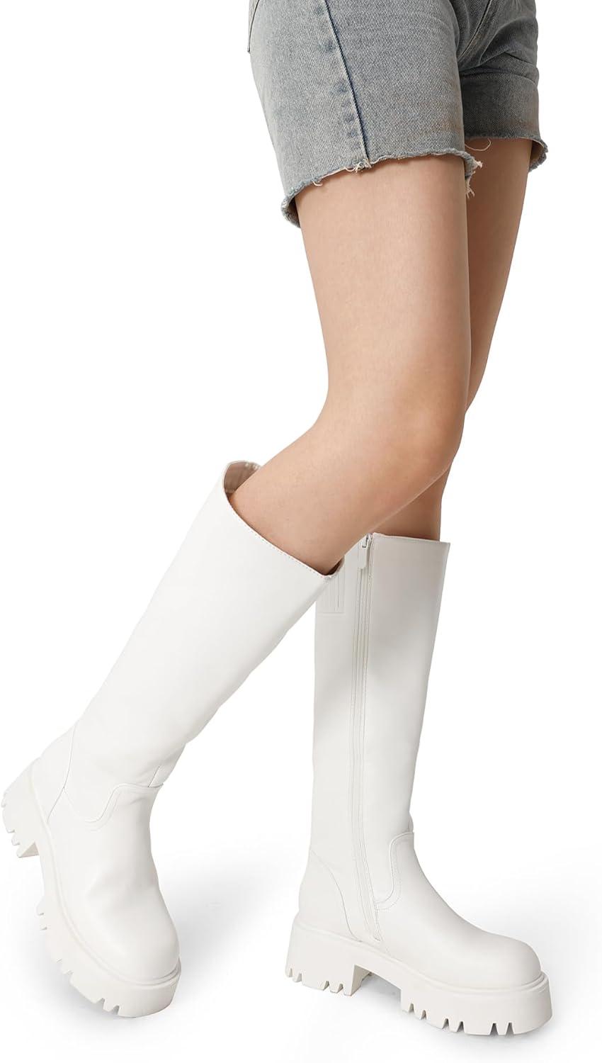imageDREAM PAIRS Knee High Boots Comfortable Chunky Platform RoundToe Side Zip Boots for WomenWhite