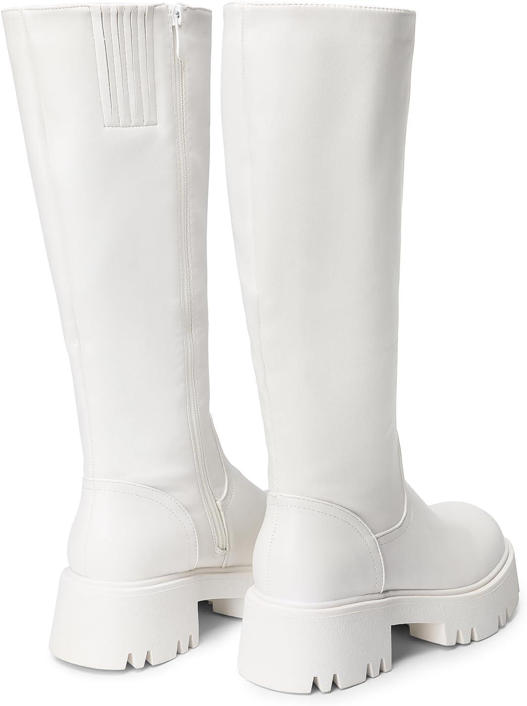 imageDREAM PAIRS Knee High Boots Comfortable Chunky Platform RoundToe Side Zip Boots for WomenWhite