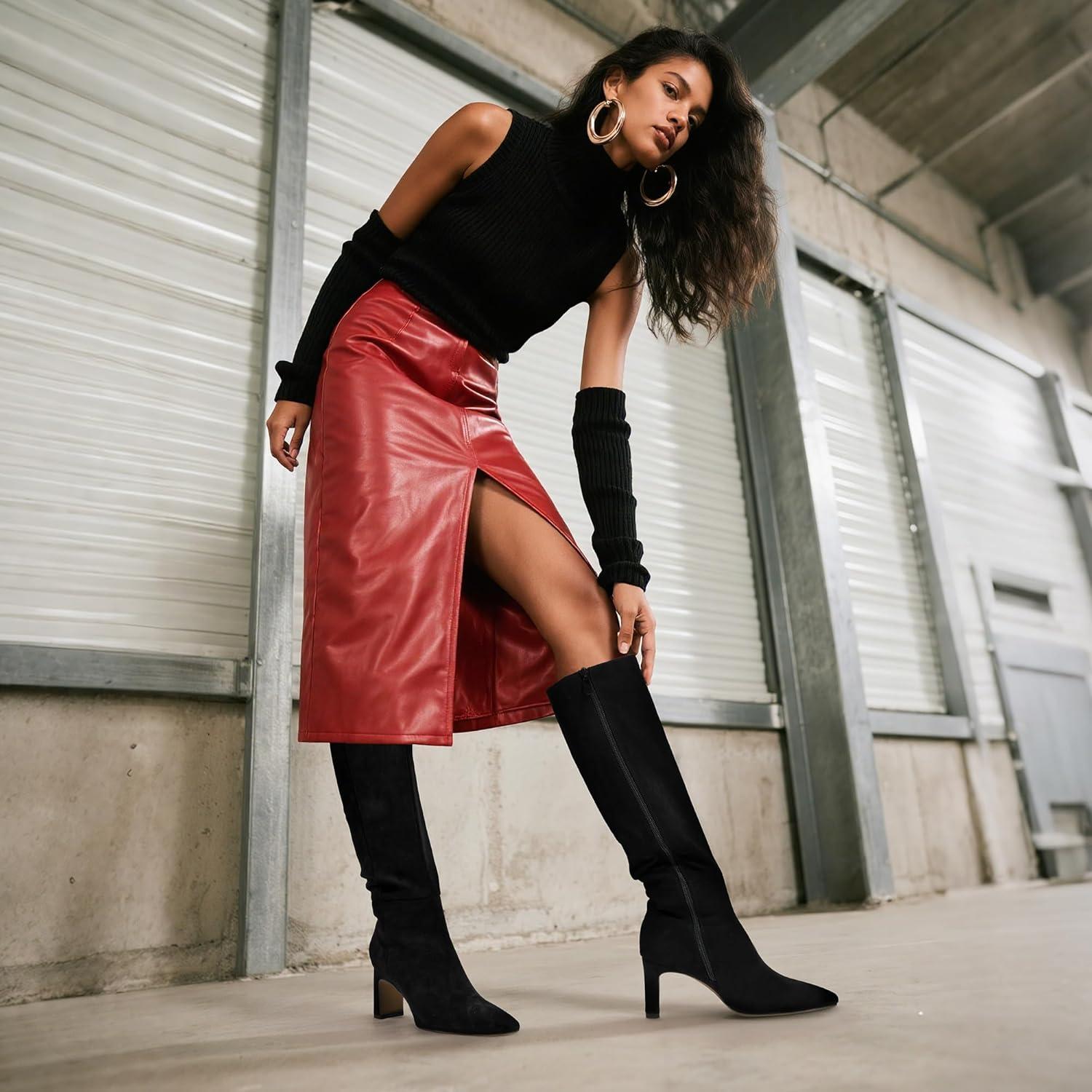 imageDREAM PAIRS Knee High Boots Women Chunky Block Heel Square Toe Side Zipper Tall Boots for WomenBlacksuede