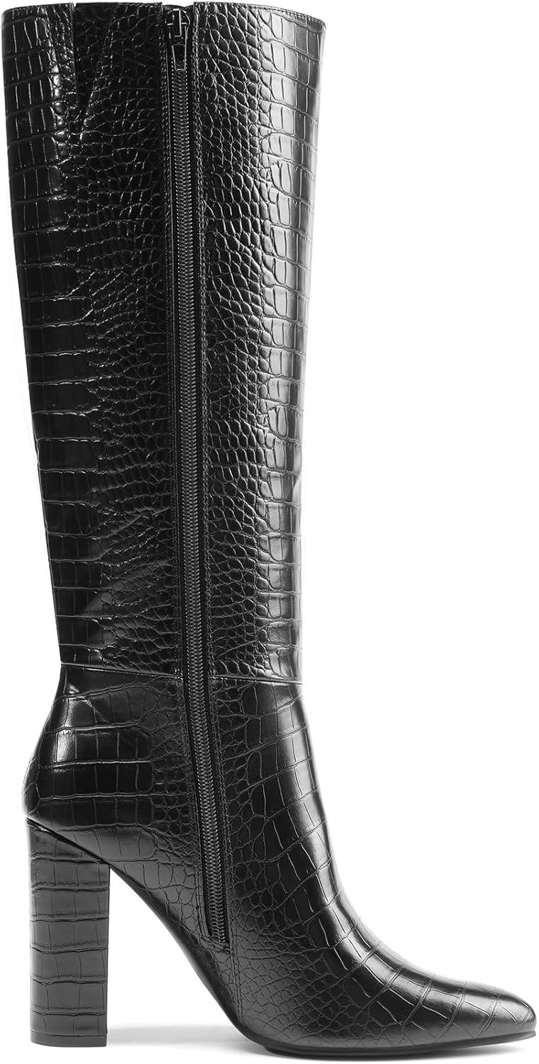imageDREAM PAIRS Knee High Boots Women Chunky Heel Pointed Toe Tall Boots for Women Side Zipper Long BootsBlackcroco