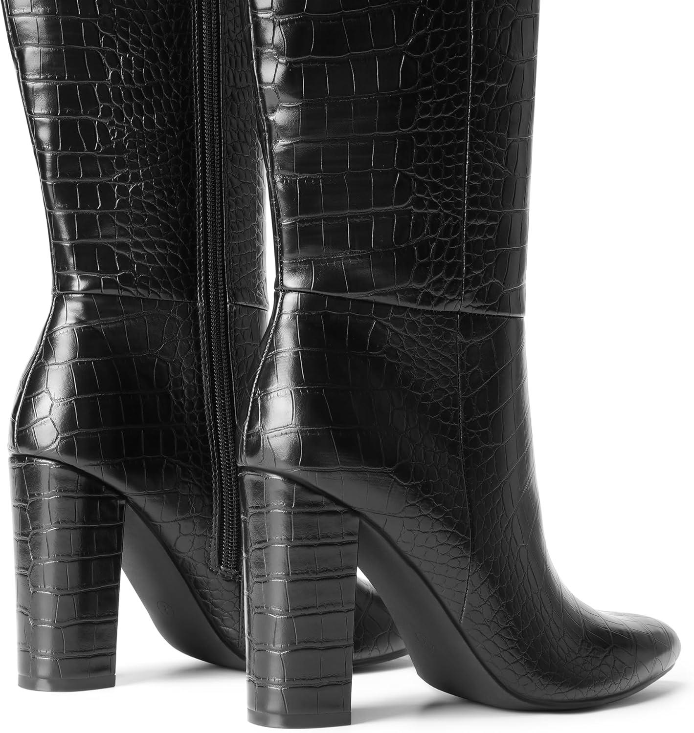 imageDREAM PAIRS Knee High Boots Women Chunky Heel Pointed Toe Tall Boots for Women Side Zipper Long BootsBlackcroco